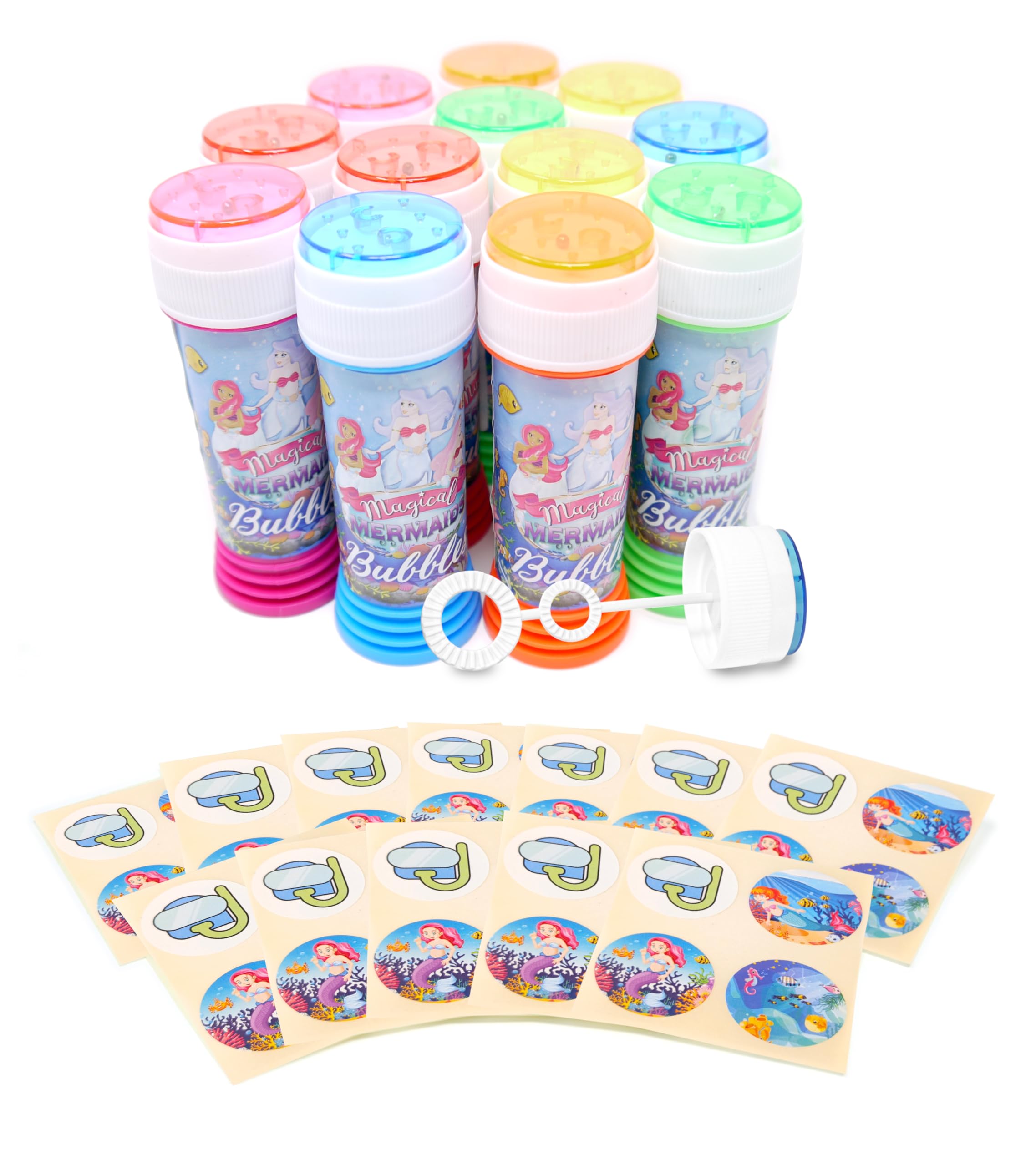 Anila's 12 Mermaid Themed Bubble Tubs with Wand & 12 Anila's Mermaid Sticker sheets for Party Bag Fillers and Party Favours for Children - (Ideal for Children Aged 3-8)