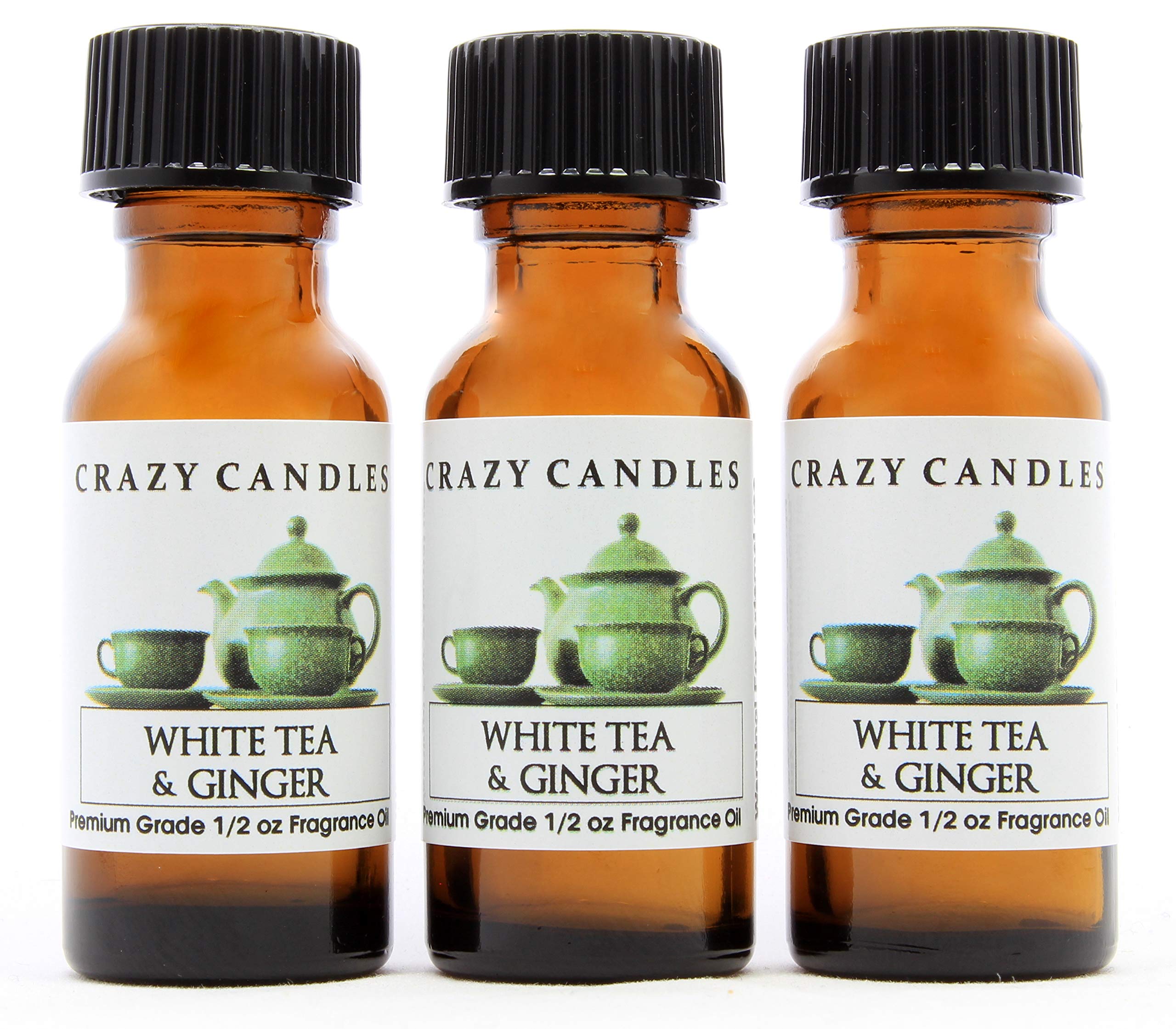 Crazy Candles White Tea & Ginger (Made in USA) 3 Bottles 1/2 FL Oz Each (15ml) Premium Grade Scented Fragrance Oil