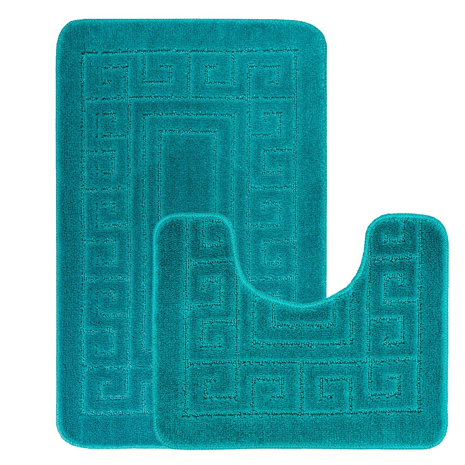 Greek Bath Mat 2 Pcs Set Non-Slip Bath Rug Toilet Mat Washable Bathroom Mats Rugs Absorbent Soft Rug for Bathtub Bathroom Includes 1 Bath Mat (50 X 80cm) And 1 Pedestal Mat (50 X 40cm) (TEAL) โ image 1