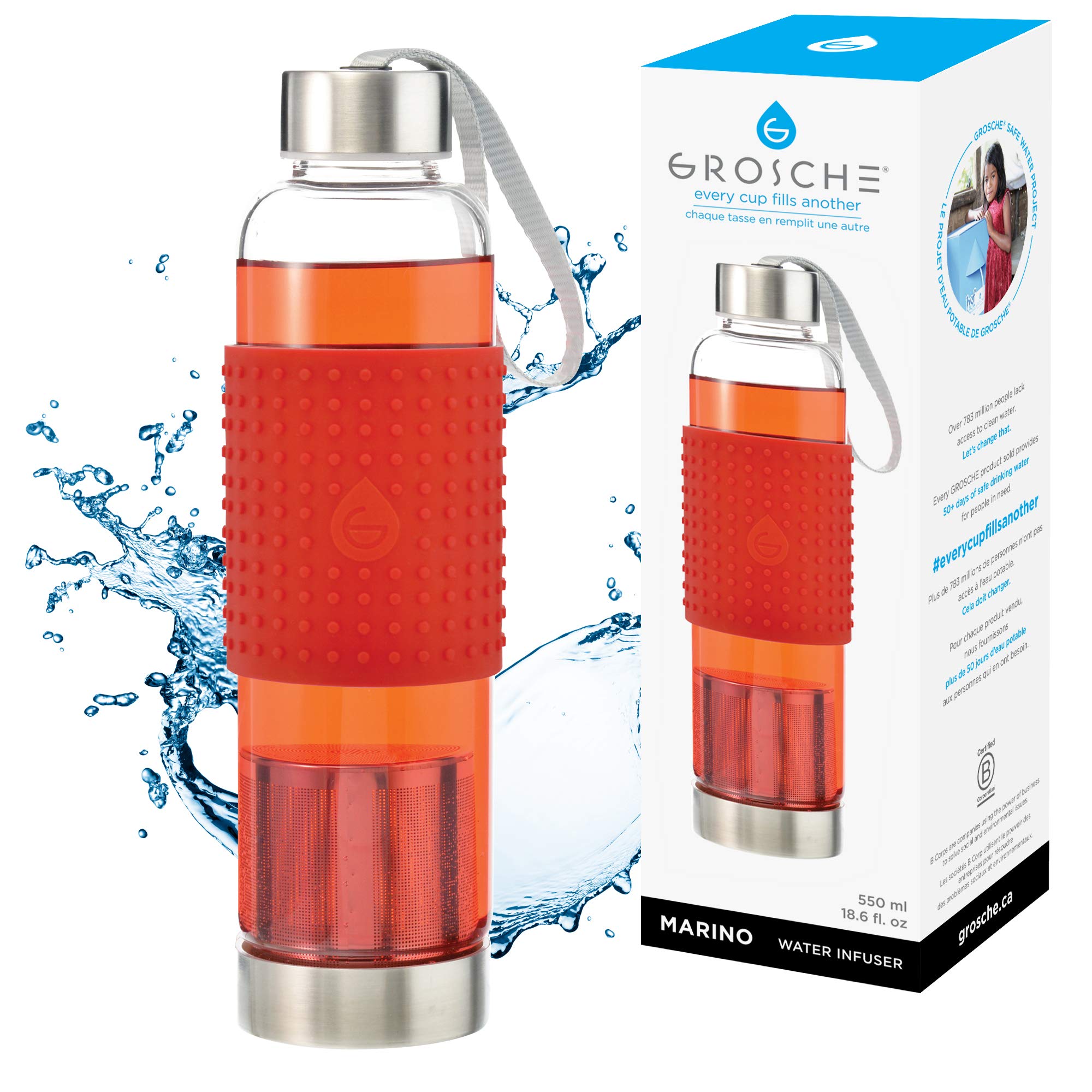 GROSCHE Marino 550ml/18.6oz Water and Tea Travel Infuser, Glass and Stainless Steel Sport Water Bottle with Infuser; Tea Tumbler, Cold Brew Coffee Maker, and Water Bottle