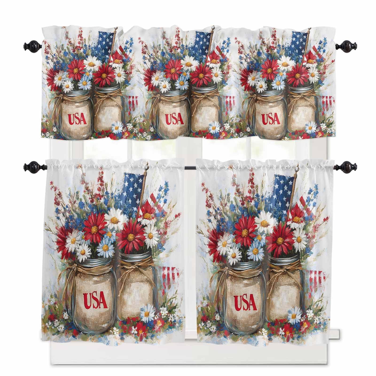 4th of July Floral Kitchen Curtains 24 Inch Length,3 Piece Rod Pocket Small Half Tiers and Valance Set,American Flag Red White Poppy Flowers Small Large Window Treatment Decor for Bedroom/Bathroom