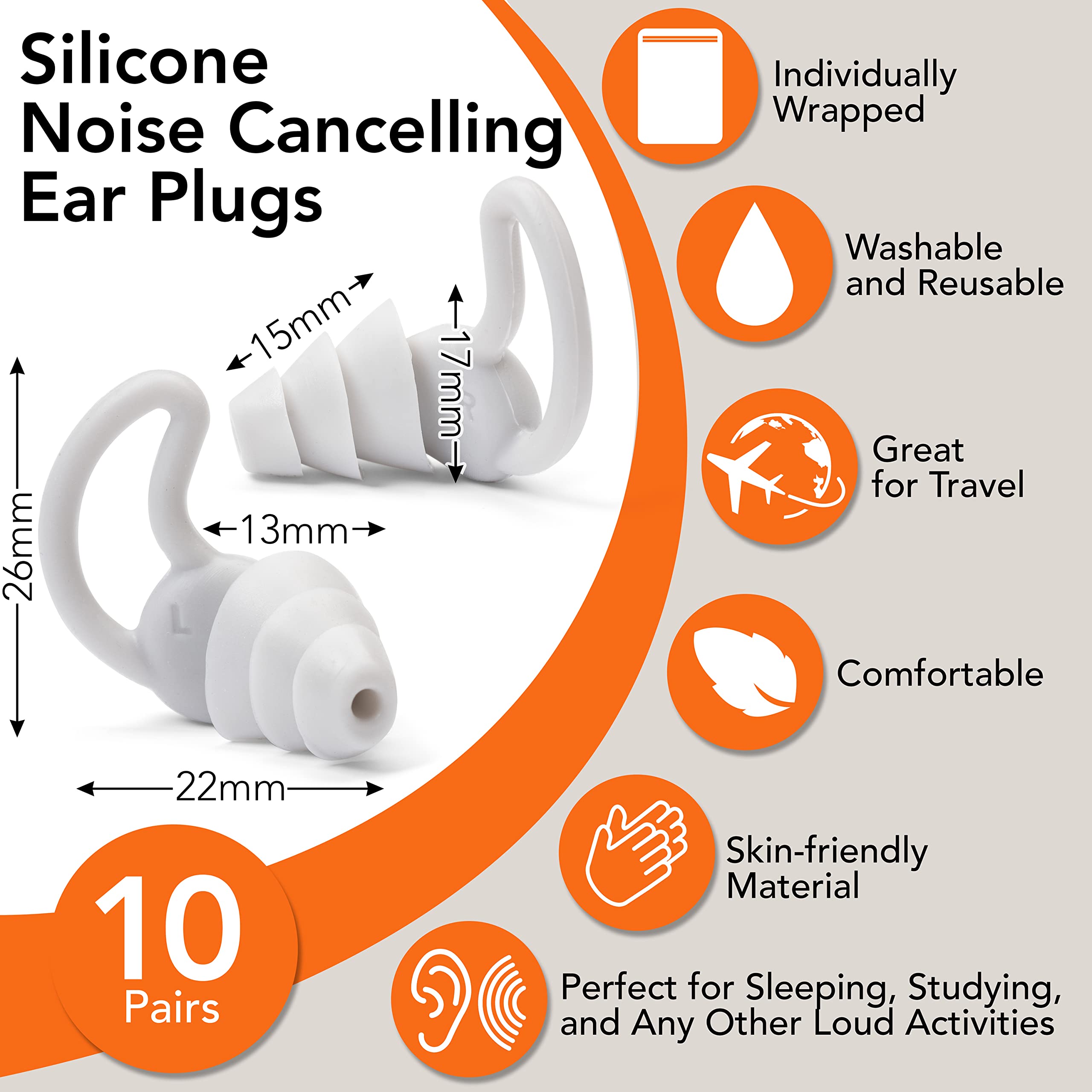 10 Pairs Reusable Silicone Ear Plugs With 2 Cases - 30dB NRR For Shooting, Swimming, Motorcycle