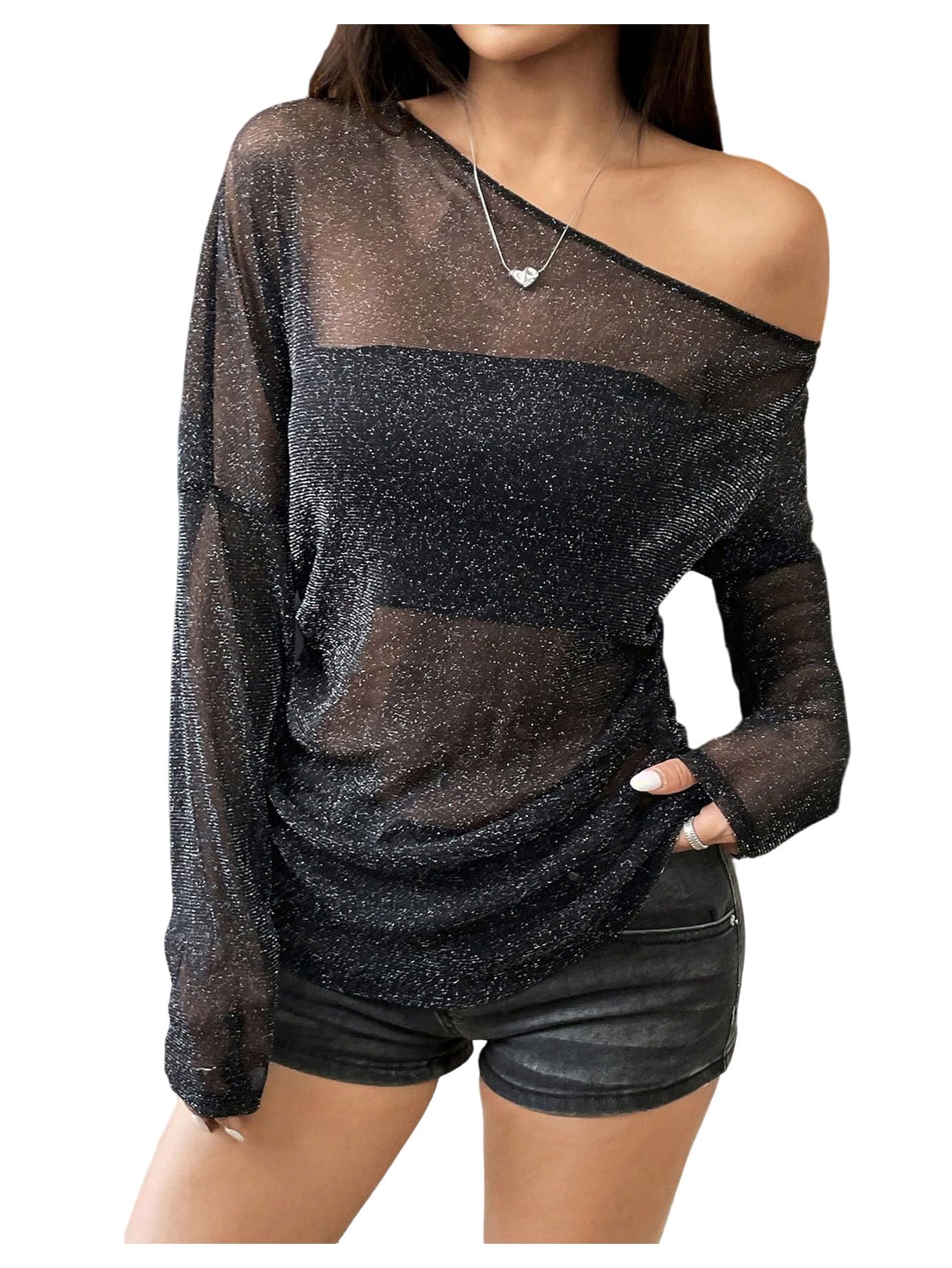 Off The Shoulder Tops for Women Glitter Mesh Sheer Long Sleeve Night Out Tee Shirts