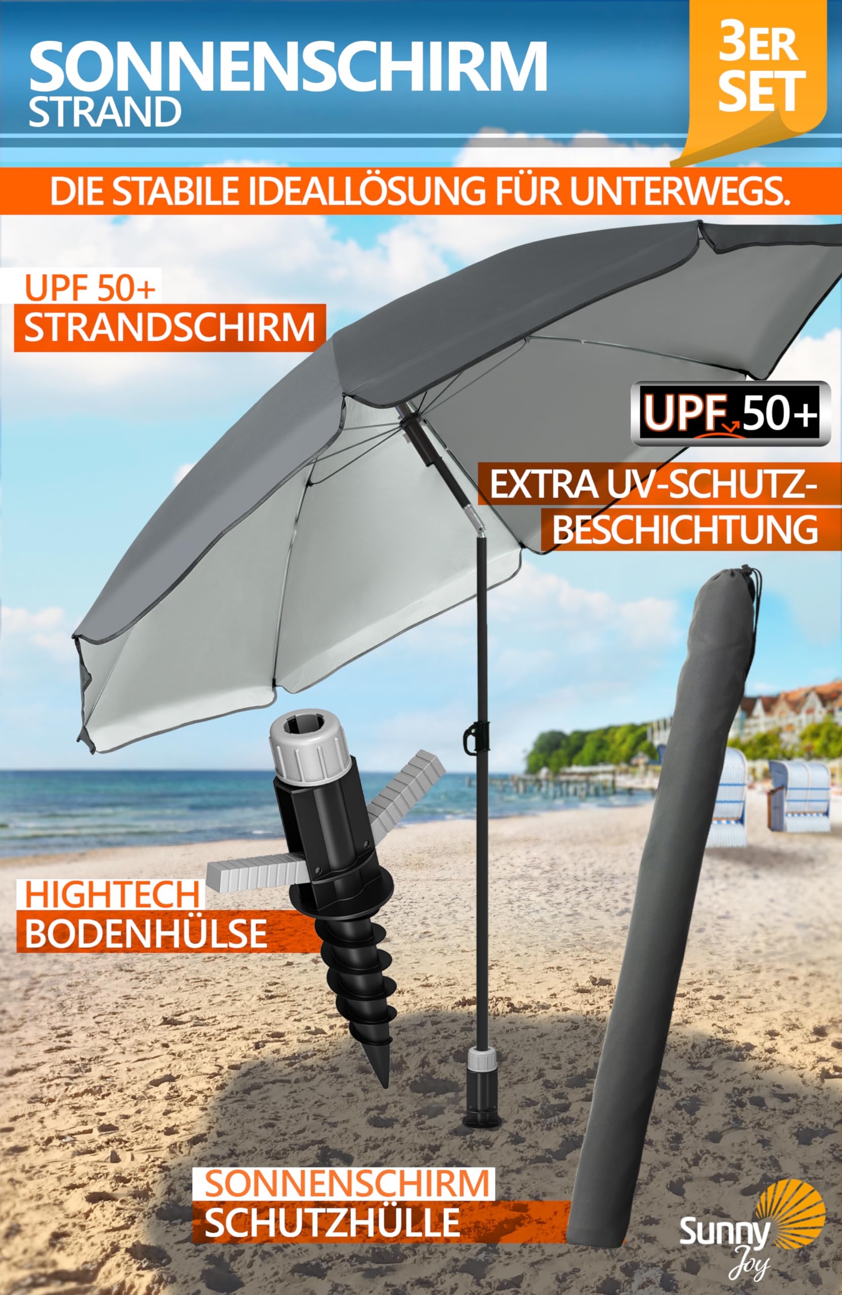 4smile Sonnenschirm Strand SunnyJoy, 3-in-1 SET, Anthrazit - UPF 50+ Strandschirm Ø 180 cm + Sonnenschirm-Bodenhülse + Sonnenschirmhülle - Komplettes Sonnenschutz Strand Set
