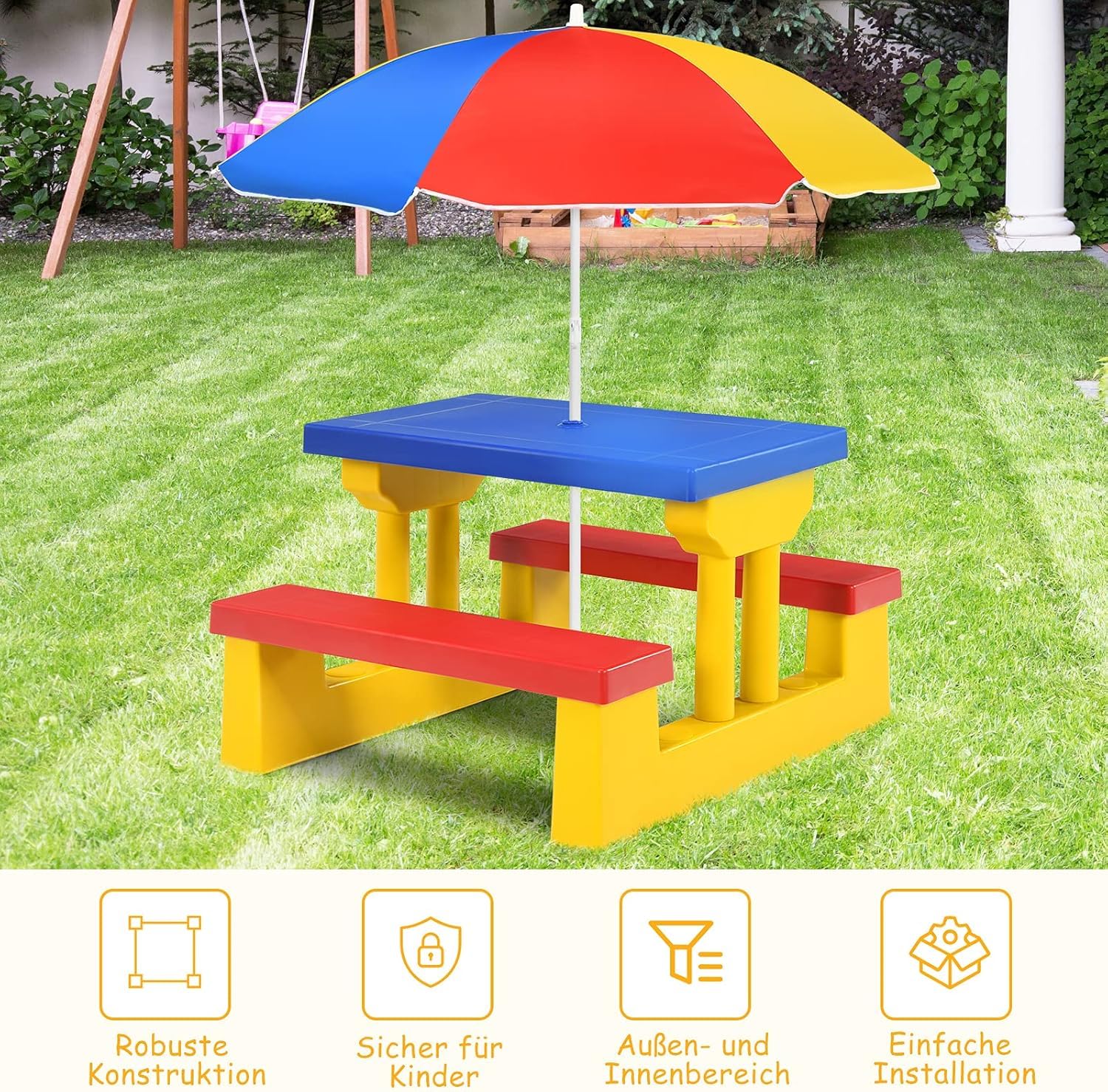 GOPLUS Kindersitzgruppe Outdoor, Picknicktisch mit Sonnenschirm, Picknickset mit Tisch & 2 Sitzbänke, Kinder Gartenmöbel, Sitzgruppe wetterfest, Kindermöbel für Garten & Hinterhof (Rot-Blau-Gelb)