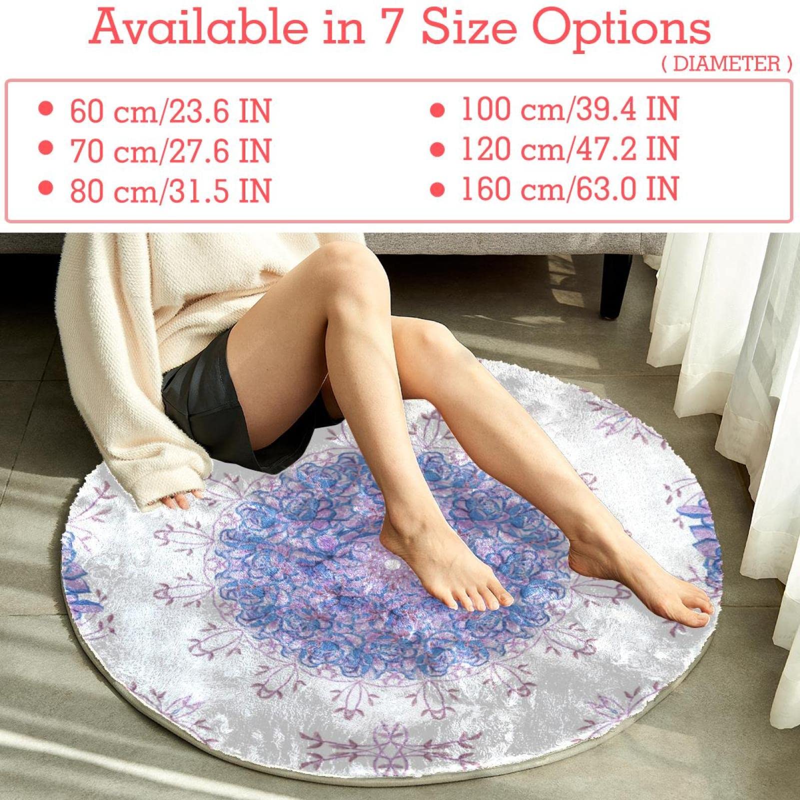 Runder Teppich für Schlafzimmer, Shaggy, weich, waschbar, Blau / Rosa