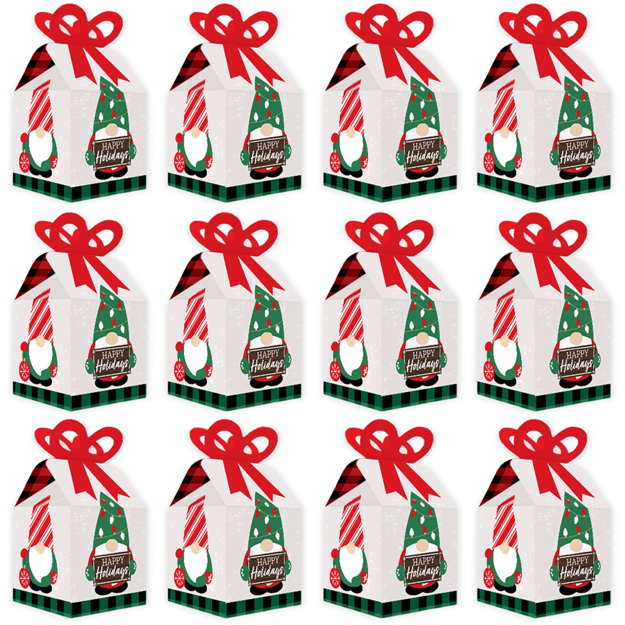 Christmas Gnomes Square Gift Boxes - Set Of 12 With 3D Bow Tops For Holiday Party Favors