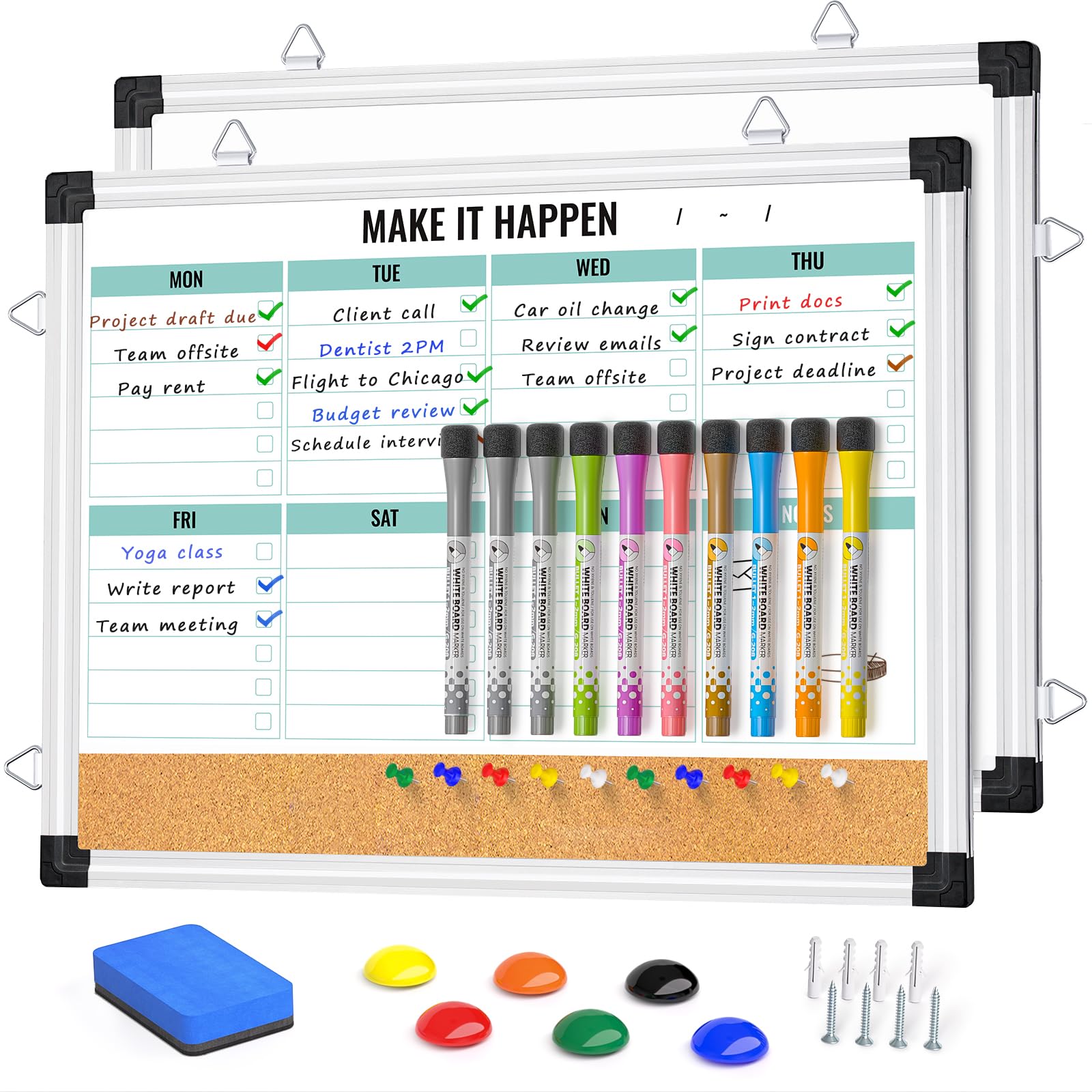Marsrock Weekly Calendar Whiteboard and Cork Board Combo for Wall, 17"x13" Reversible Hanging Dry Erase Board, Double Sided White Board with Aluminum Frame for Planning, Office, Kitchen, School, Home