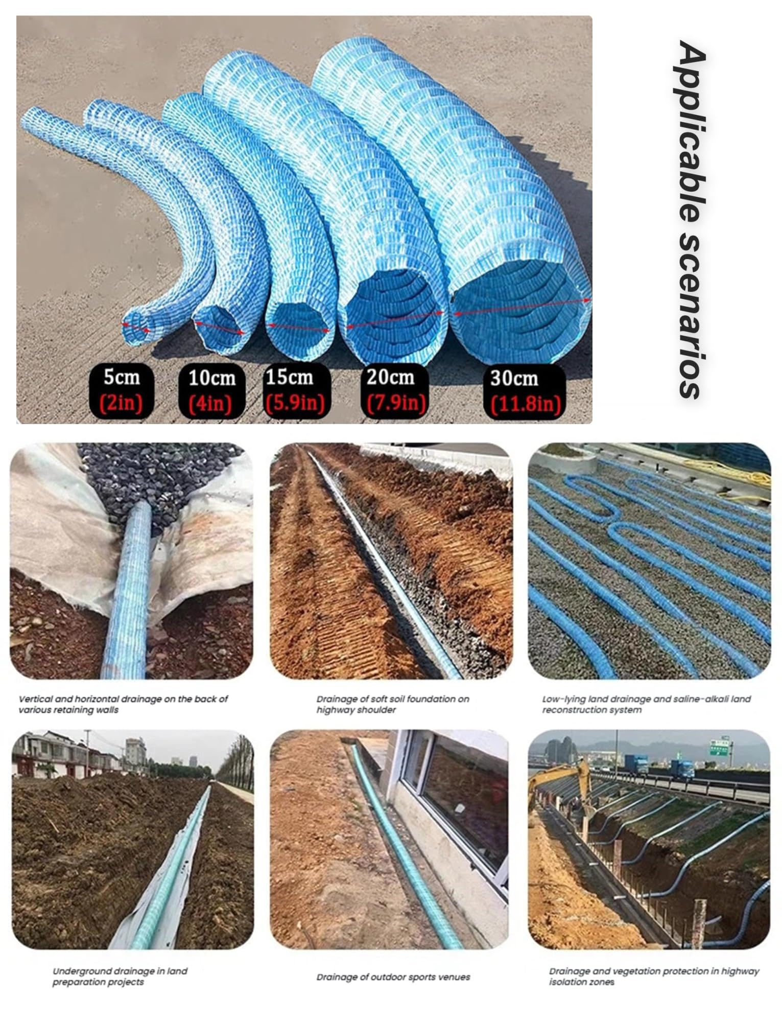 Tuyau de Drainage français, Tuyau Flexible perforé avec Tissu Non tissé, tuyaux, kit des Terres(8cm/3.2in Long 300cm(9.8ft))