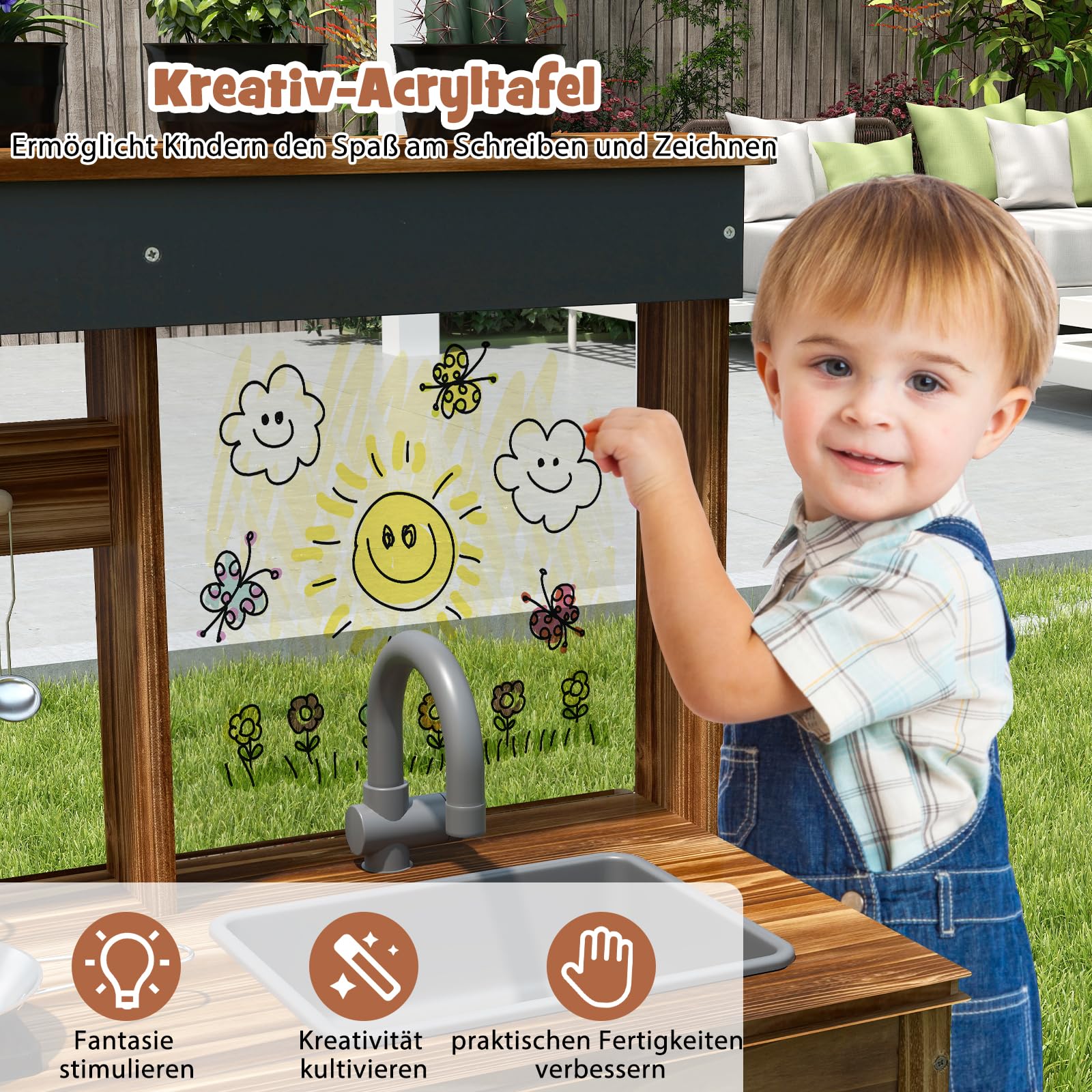 DREAMADE Matschküche Kinder Outdoor, Spielküche aus Tannenholz mit Waschbecken, Wasserhahn, 2 Herden, 2 Kochtöpfen, 4 Pflanztöpfen & Acryltafel, Outdoor-Holzküche für Kinder ab 3 Jahren