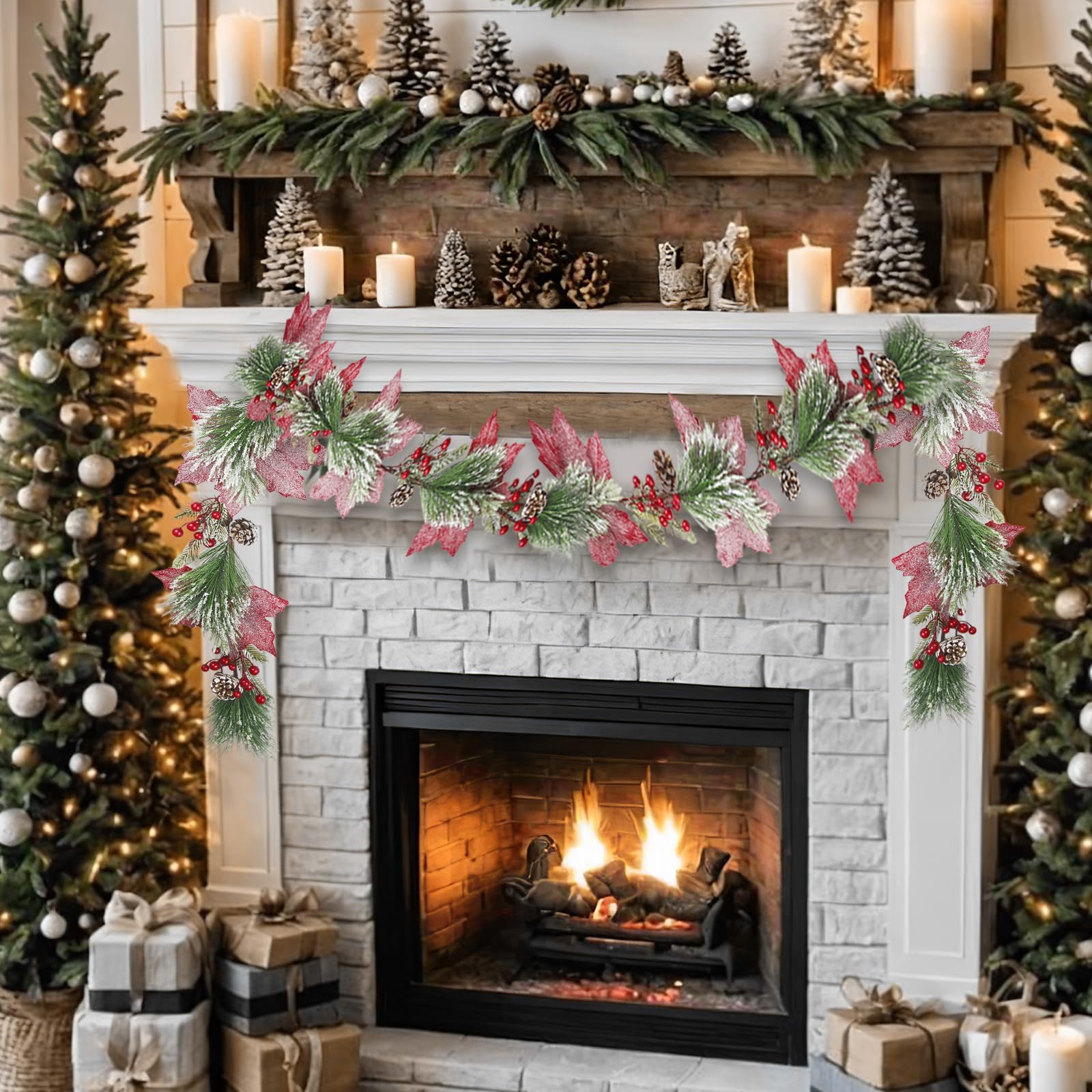 CISDUEO Guirnalda de flores de Pascua artificiales de Navidad, guirnalda de bayas artificiales rojas con piñas de pino para exteriores, interiores, chimenea, vacaciones, invierno, puerta, mesa, centro