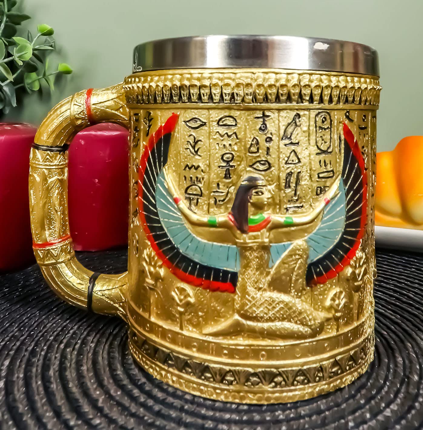 Ebros Gift Egyptian Theme Golden Winged Isis Goddess Of Motherhood and Magic Beer Stein Tankard Coffee Cup Mug For Ancient Egyptian Culture Lovers School Classroom Decor Office Desktop Accessory