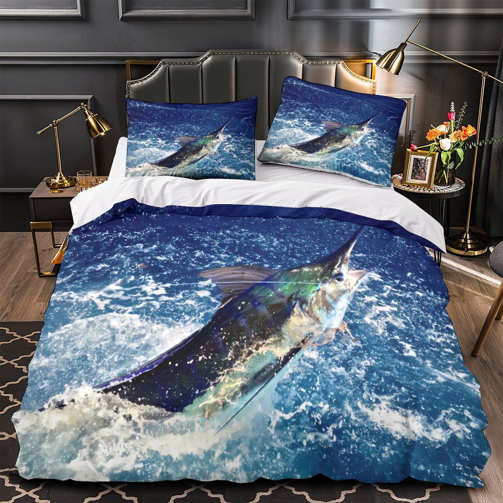 Yvaspqrtw Xzgs1swyu7gq Marlin Leaping 3D Print Quilt Cover 3Pcs Microfibre Anti-Fade Breathable Light Ocean Wildlife Action Comforter Cover 2 Pillowcases Zip Closure Bed Set Teenagers Adults Double（200X200cm）