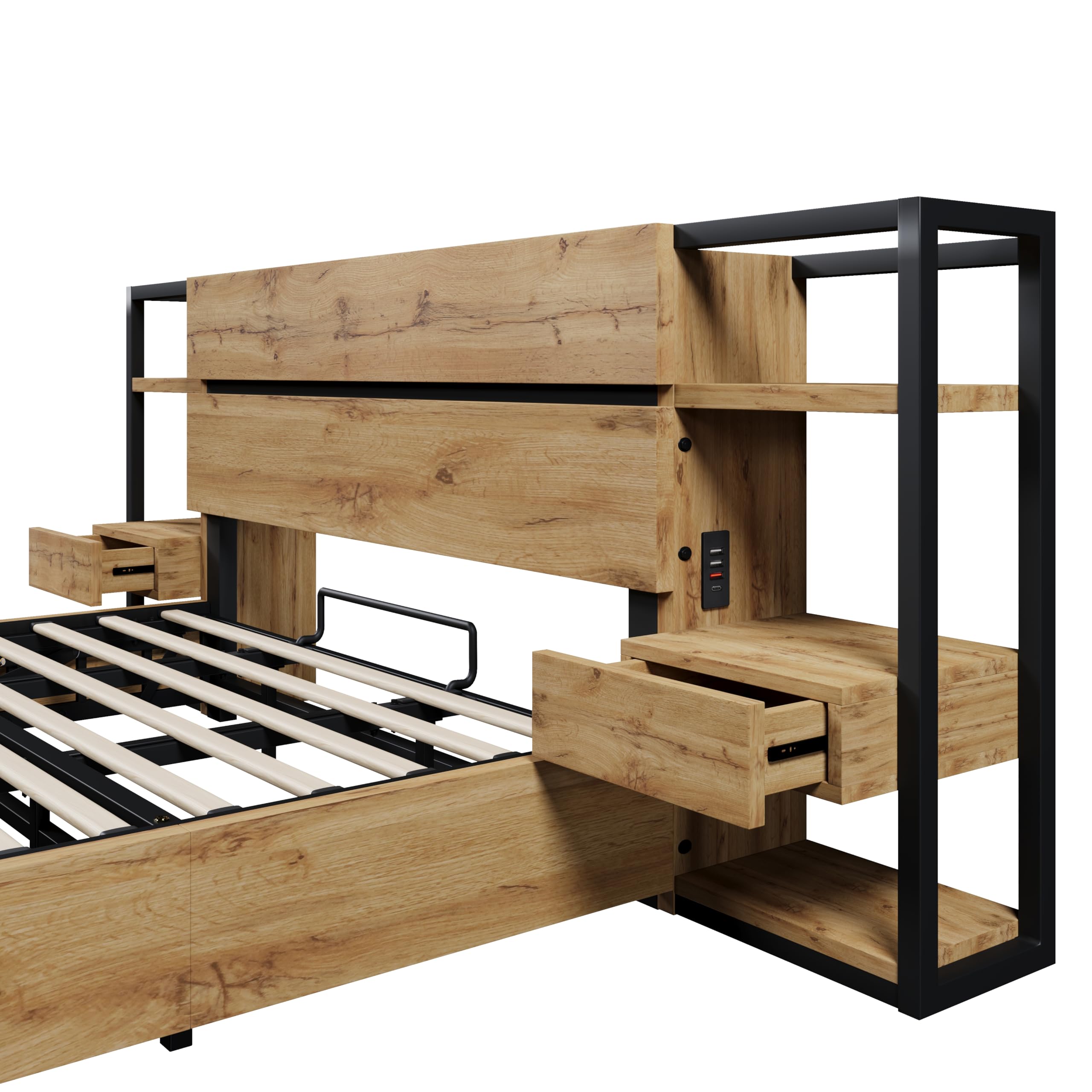 Letto matrimoniale in legno, struttura letto 160x200cm con spazio di archiviazione idraulico e stazione di ricarica USB-C | Letto in stile industriale con cassetti e comodino | Finitura in
