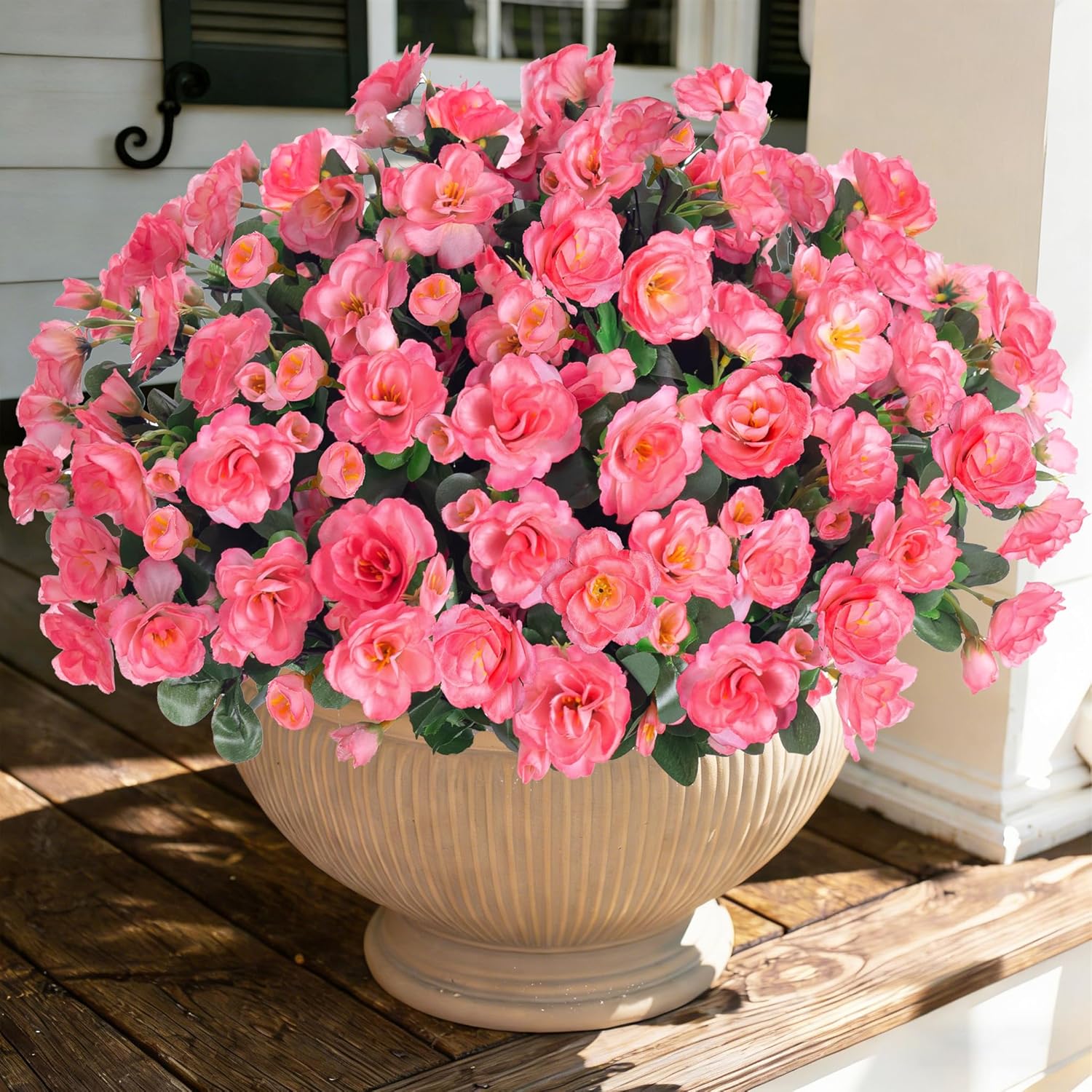 Artificial Faux Flowers Plants for Outdoor Outside Spring Decoration, Fake Silk Pink Camellia UV Resistant Realistic for Planter Pot Porch Patio Balcony Garden Yard Home Decor, 3 Large Bundles