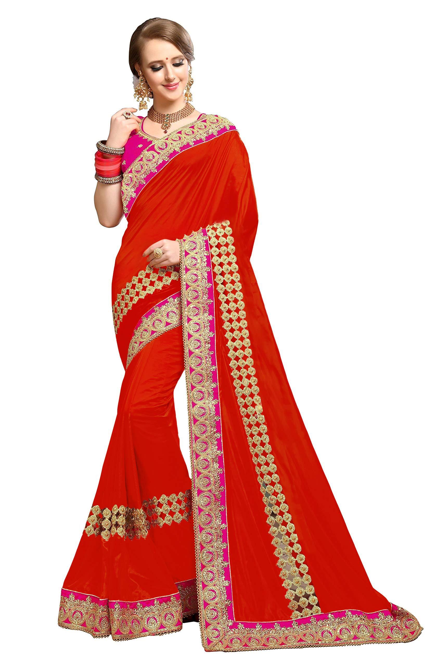 PANASH TRENDSWomen's Silk Embroidery Work Saree, Red, One Size