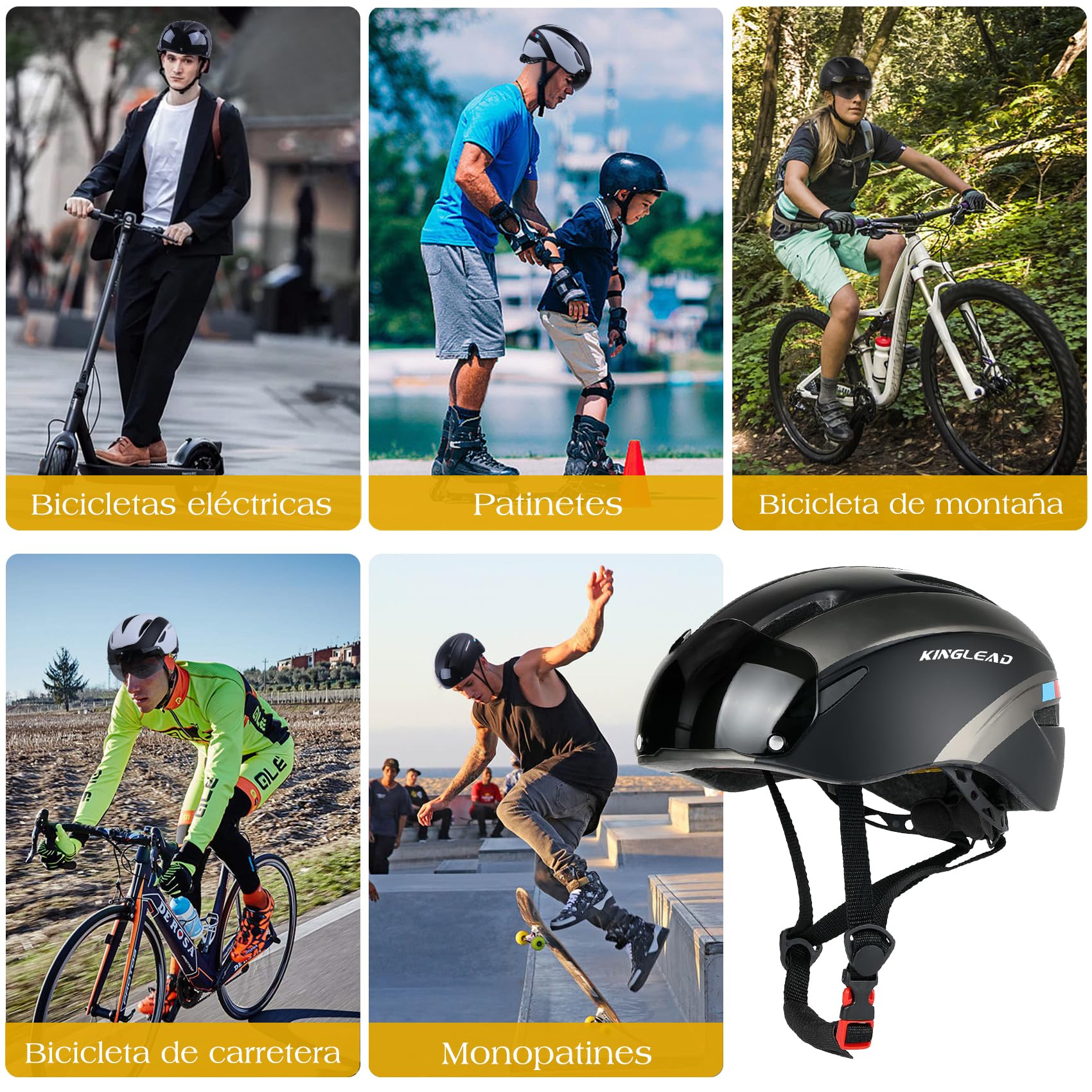 KINGLEAD Casco Bici Hombre Mujer, Casco MTB con Visera Magnética Extraíble, Bicicleta Ultraligero Transpirable Ajustable para Adultos