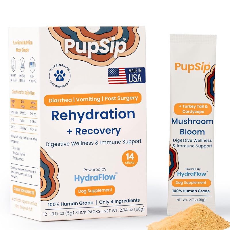 Suplemento de Hidratação para Cães PupSip com Eletrólitos e Cogumelos Orgânicos, Sabor Frango, 14 Sachês