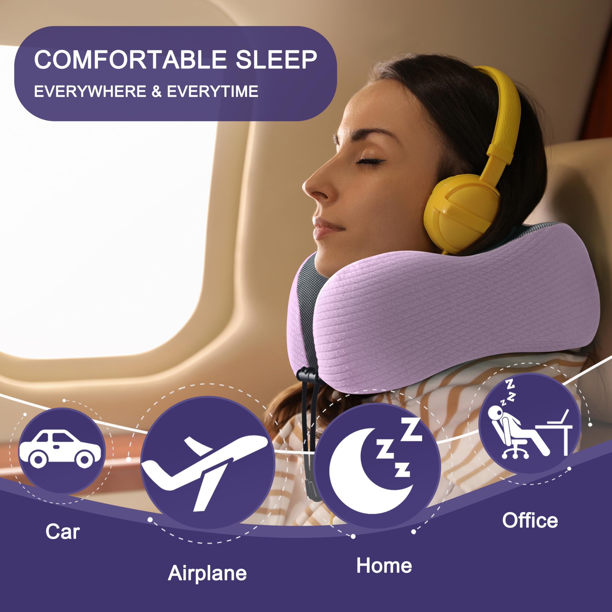 napfun Neck Pillow for Travel, Memory Foam Airplane Pillow, Light Purple view 6