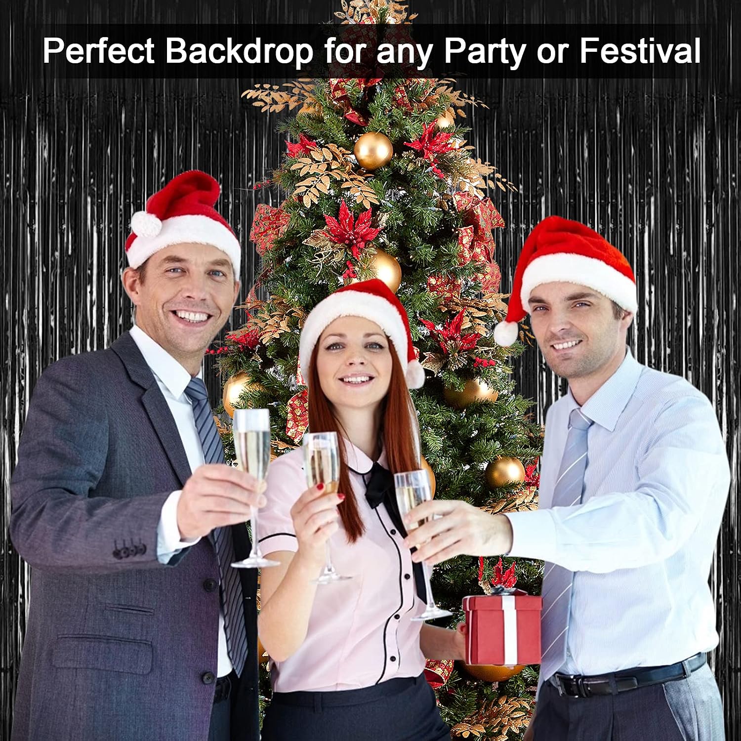 3 Pack Black Party Decorations,Photo Booth Backdrop for Foil Tinsel Fringe Curtain,Glitter Door Streamers Backdrop for New Years Decorations Halloween Bachelorette Birthday Wedding Holiday Celebration