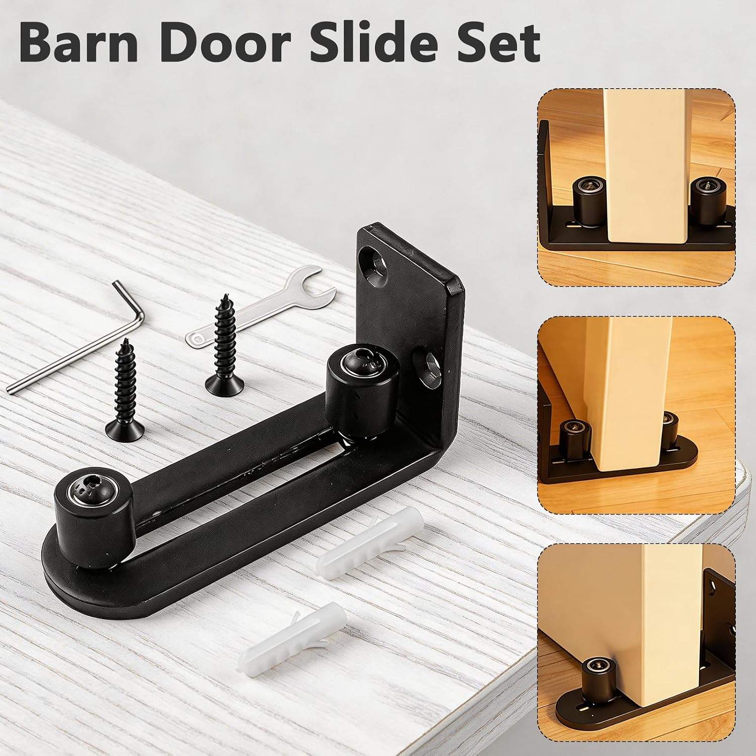 4 Pcs Black Sliding Barn Door Floor Guide Flush Design Wall Mount Bottom Adjustable Roller Flat Non Scratch Barn Door Hardware Kit (2 Assemble Setup Options)