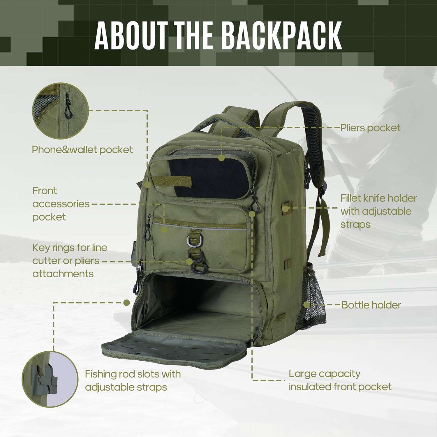 Fishing Backpack, Fishing Tackle Backpack with Cooler, Large 18"x14"x11" Storage, Adjustable Compartments, Ergonomic Design for Fishing, Hiking, and Outdoor Adventures(Dark green)