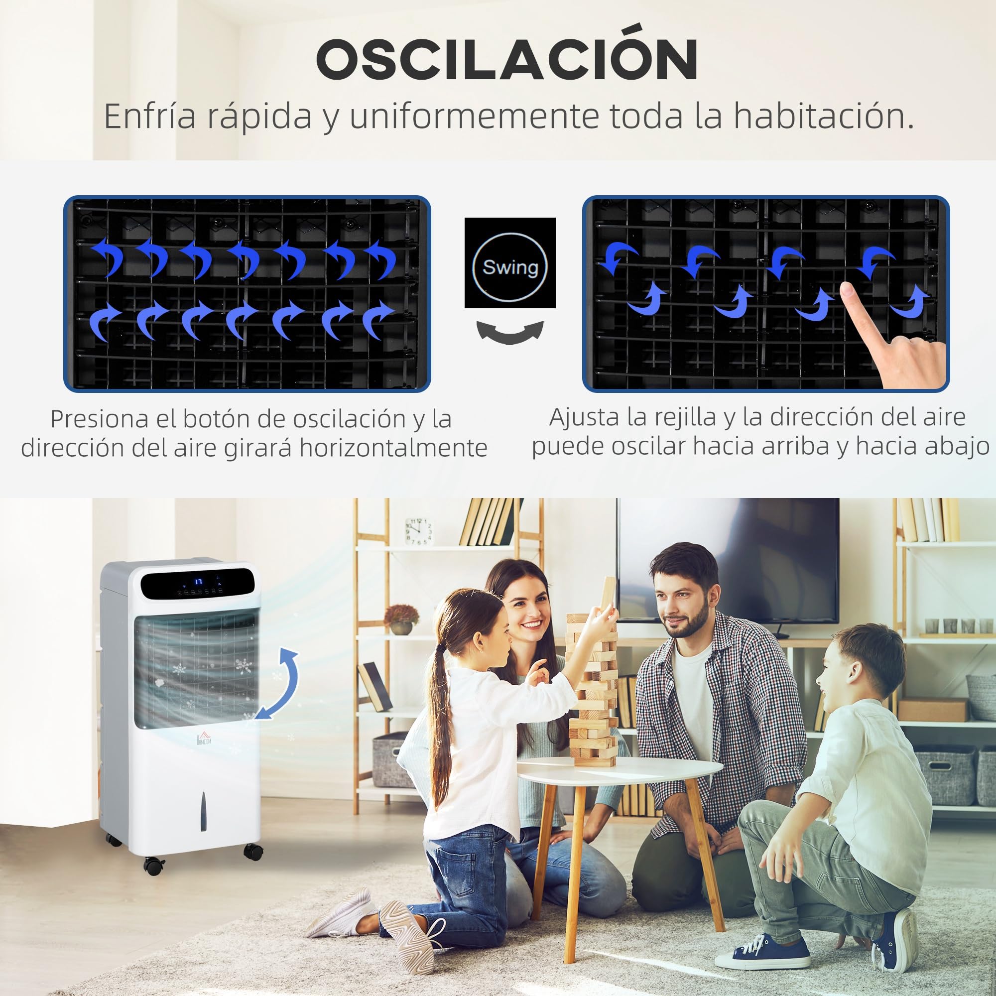 HOMCOM Climatizador Evaporativo Bajo Consumo 4 en 1 Depósito 12L Humidificador Climatizador Iones Negativos Control Remoto 3 Modos 3 Velocidades Temporizador 12 h Pantalla LED Táctil 38x35x81cm Blanco