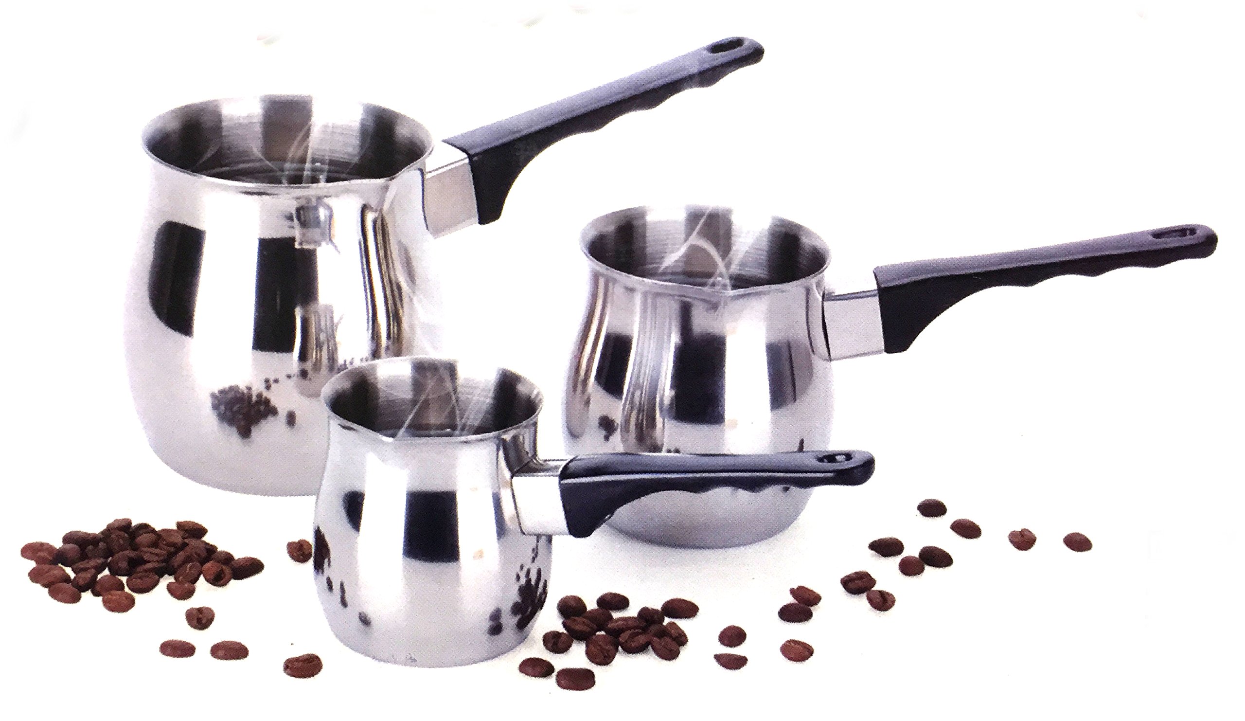 Professional Turkish Coffee 3 Piece Stovetop Warmer Pot Set - 6oz 12oz & 24oz Pots, Stainless Steel