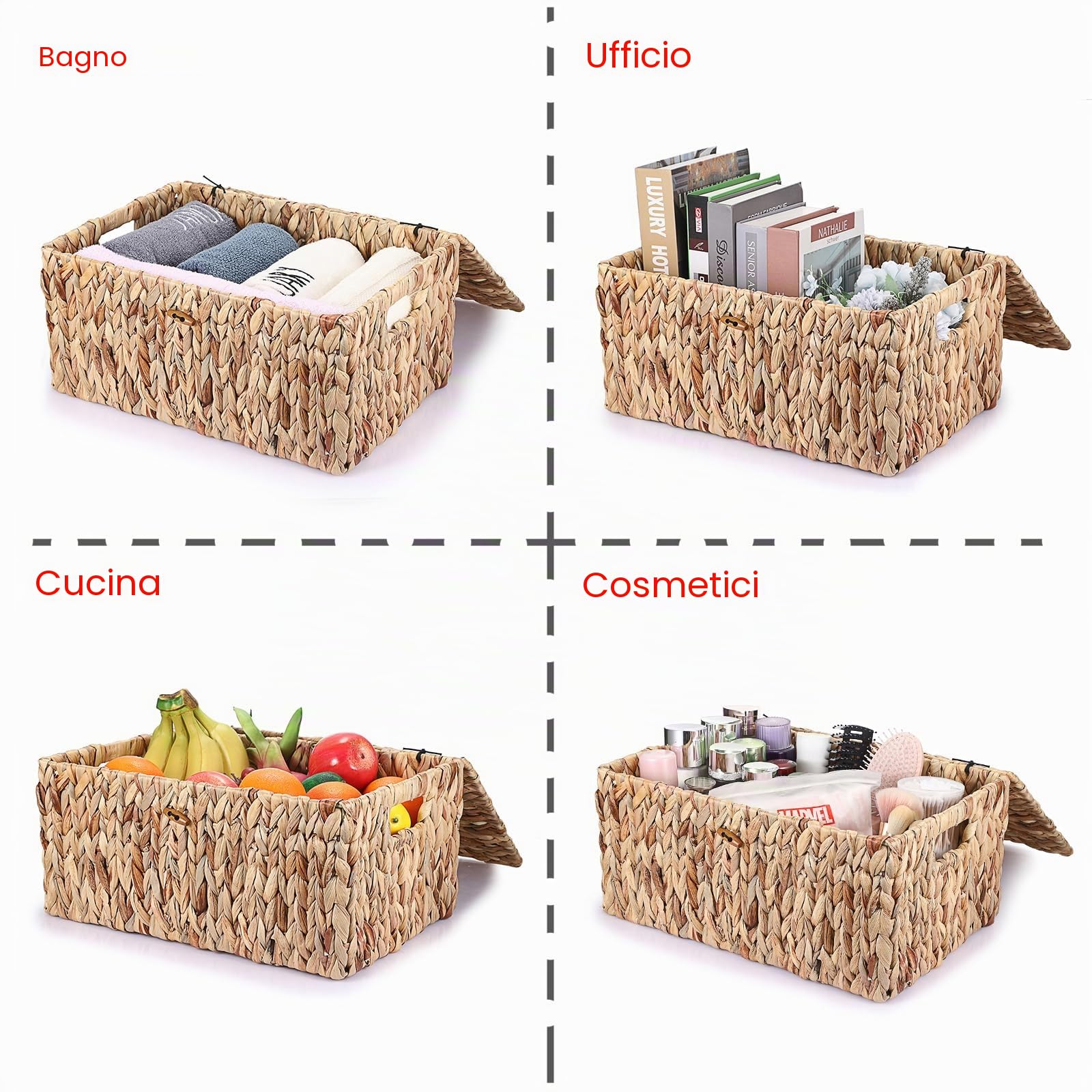 Cesto portaoggetti naturale in giacinto d'acqua intrecciato, impermeabile, con coperchio, per soggiorno, cucina, guardaroba, per vestiti, libri, frutta, verdura, cosmetici, 40 x 28 x 19 cm