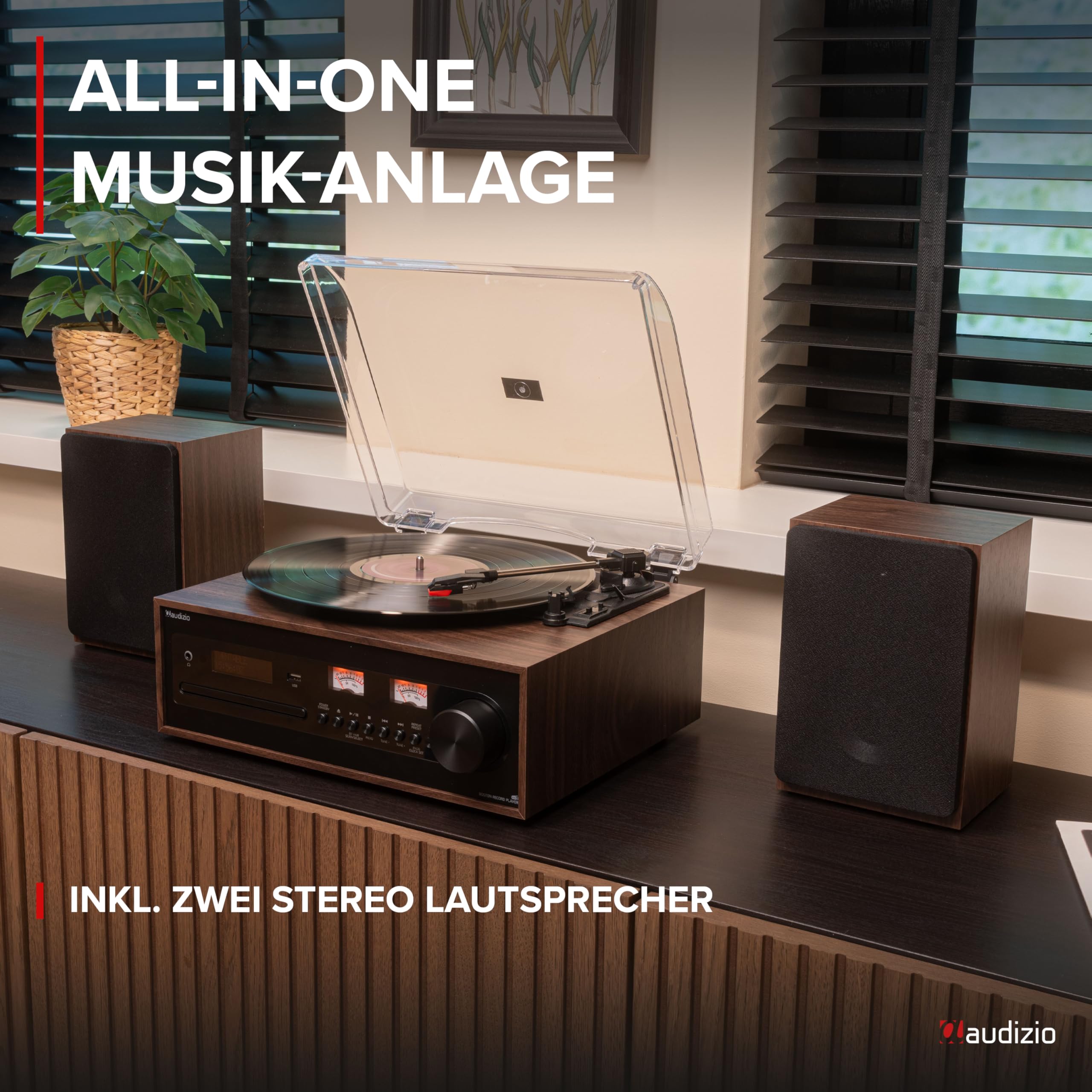 Audizio Boston - Plattenspieler mit Lautsprecher, CD-Player, DAB+ Radio, Schallplattenspieler Bluetooth & USB - Stilvolle HiFi-Anlage für Vinyl, Musik-Streaming & Radio - Riemenantrieb & Retro Design