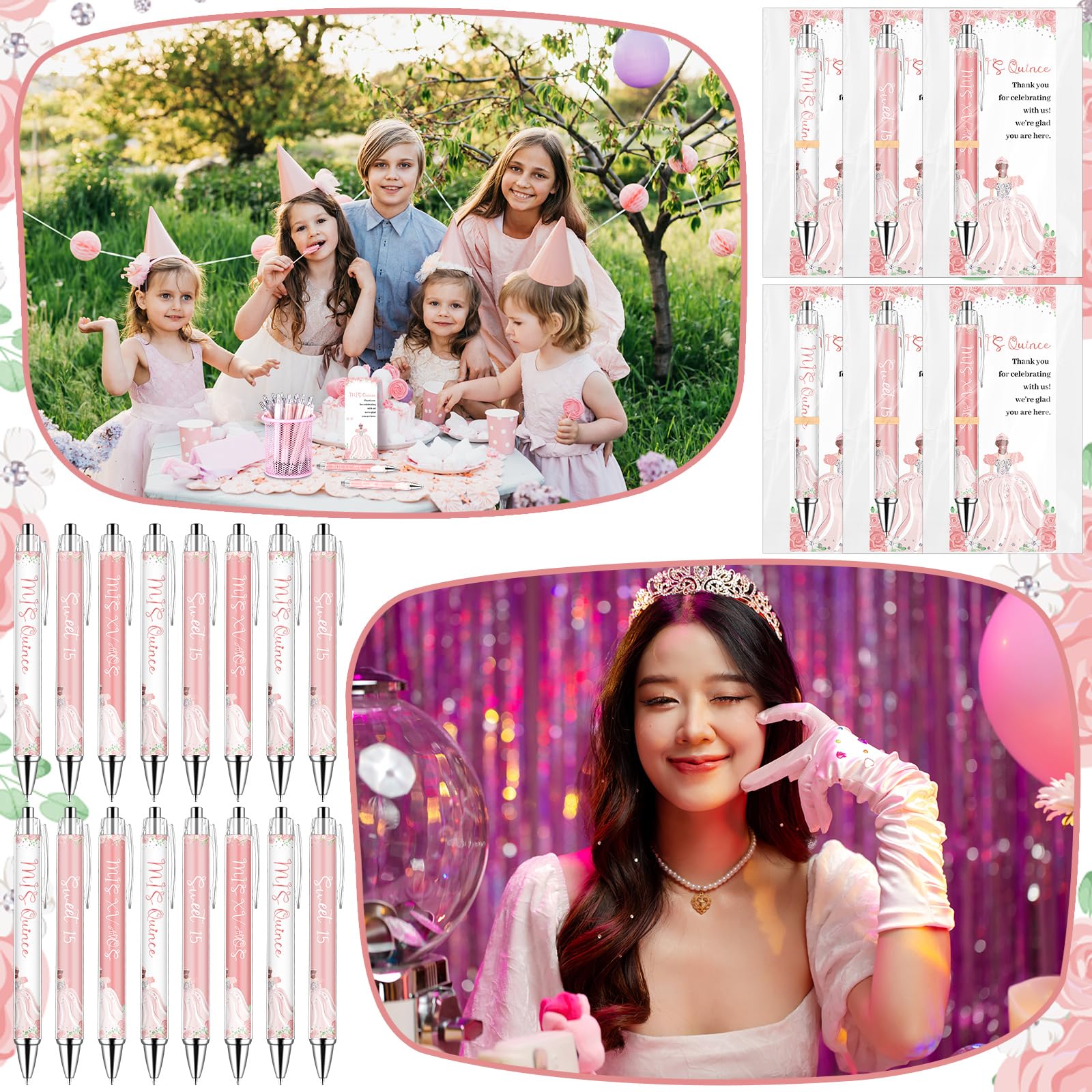 30 Set Quinceanera Party Favors Include Sweet 15 Ballpoint Pens Thank You Cards Gift Bags Quinceañera Gifts Black Ink Pen Thank You Gifts for 15th Birthday Party Mis Quince Guests Souvenir