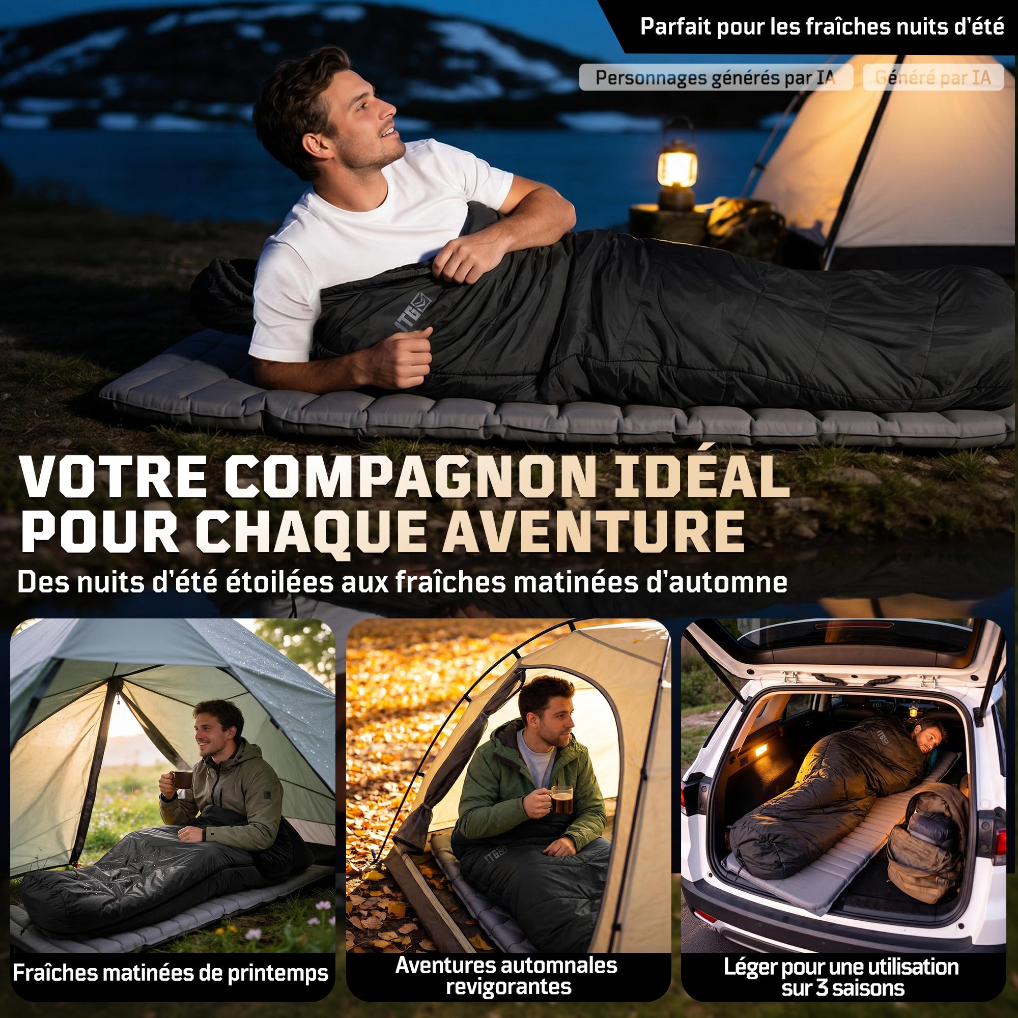 Sac de couchage sarcophage 2-3 saisons (confort 6 °C) – Sac de couchage d'été respirant pour adultes jusqu'à 185 cm – Nylon Ripstop compact 40D avec sac de compression pour camping, randonnée et