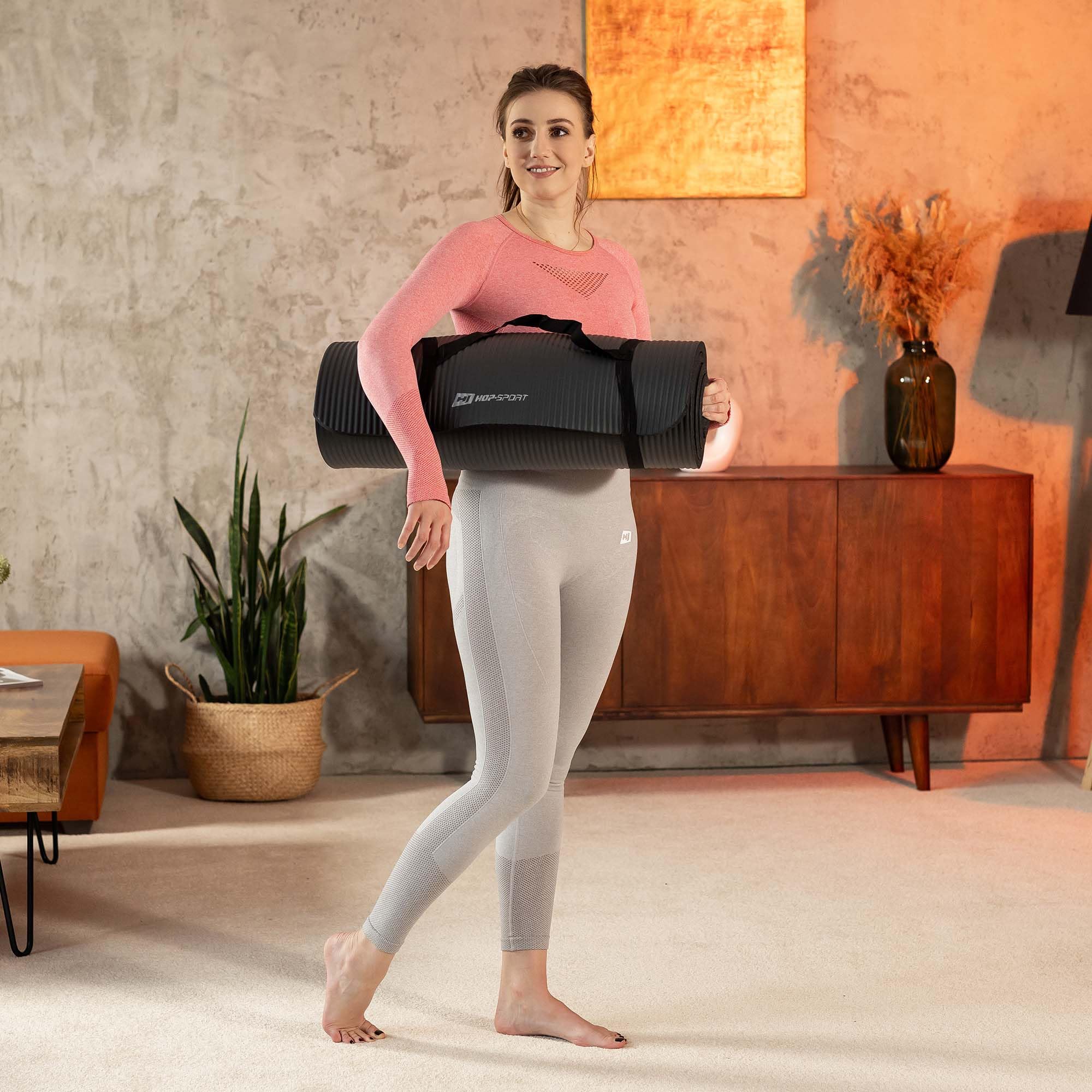 HOP-SPORT® Tapis de Fitness antidérapant 190 x 60 x 2 cm, Tapis Pilates Yoga et Gymnastique avec Sangle de TranSPORT en Mousse NBR pour Entraînement à la Maison, Doux pour la Peau