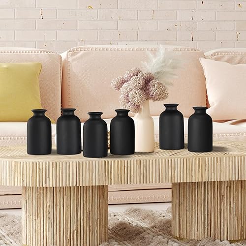 Miniatura 7 de Uiifan Paquete de 6 jarrones pequeños de cerámica negra a granel, jarrones rústicos de hierba de las pampas, jarrones de mesa bohemios, jarrones de