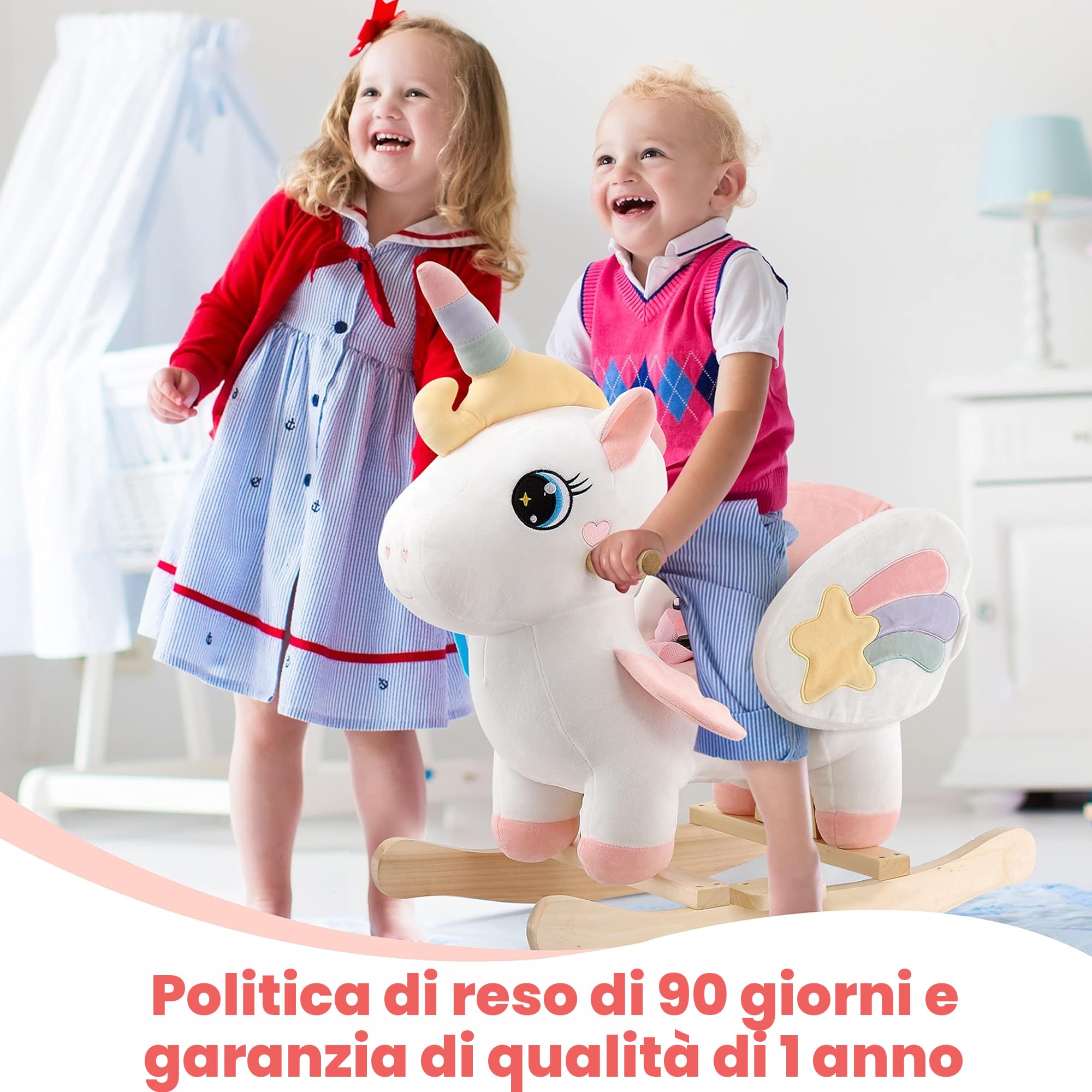 FUNLIO Cavallo a Dondolo Unicorno, Rainbow Fairy per bambini da 6 mesi a 3 anni, Cavalcabile, di Peluche, Facile da Montare