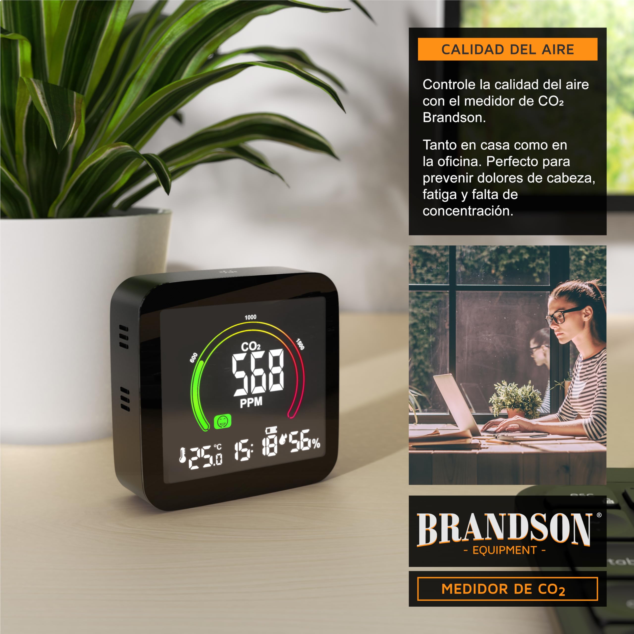 Brandson - Detector de CO2 Controlador de Calidad del Aire NDIR Sensor de dióxido de Carbono, medición PPM Co2 Pantalla Humedad Ambiente Alarma, Reloj, termómetro de Temperatura, higrómetro