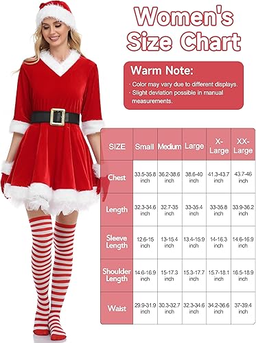 Miniatura 2 de SOMSOC 5 Pack Vestido de terciopelo con cinturón para mujer, conjunto de disfraz de Sra. Claus de Navidad, calcetines altos de rodilla con rayas