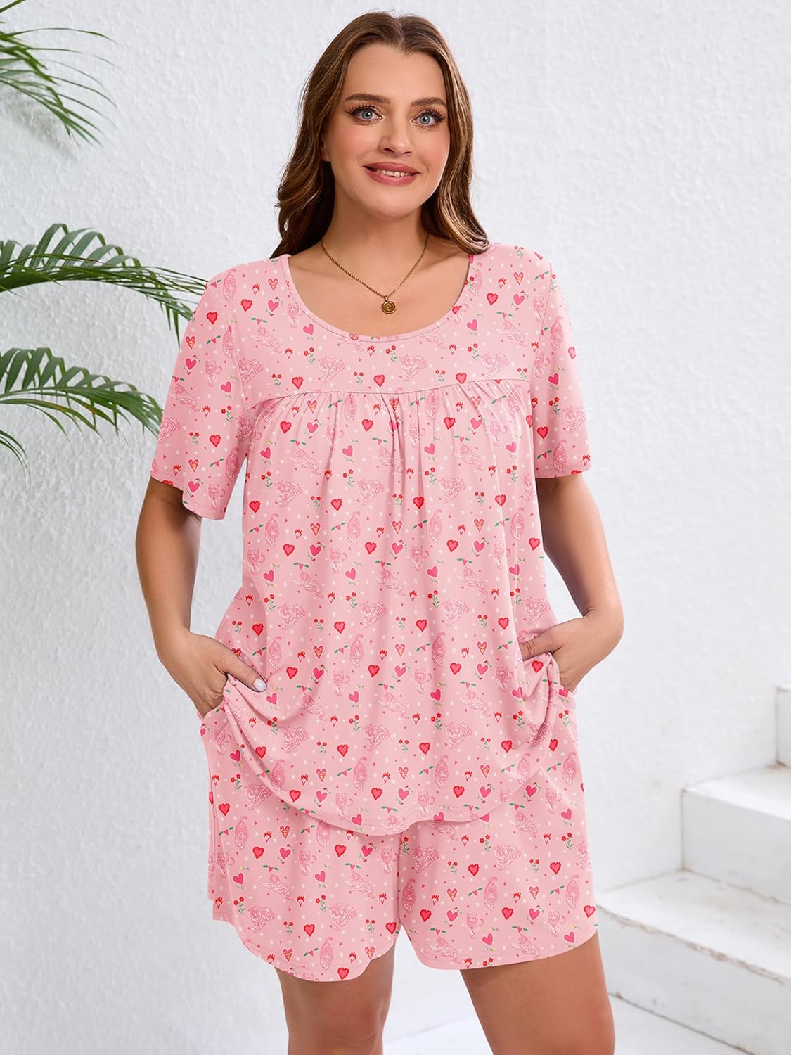 AusLook Women's Plus Size Pajama Sets Short Sleeve Top and Shorts Sleepwear Pj Set 2 Piece Lounge Set with Pockets - Image 4