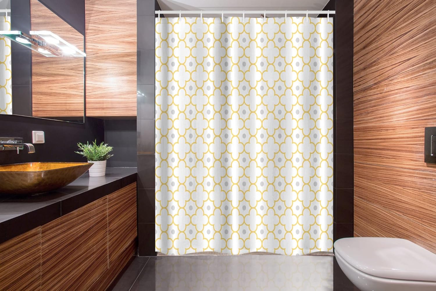 Ambesonne Quatrefoil Stall Shower Curtain, Moroccan Style Lattice Pattern Dots in Daisy Diamond Petals 4 Leaf Clover, Fabric Bathroom Decor Set with Hooks, 54" W x 78" L, Brown White