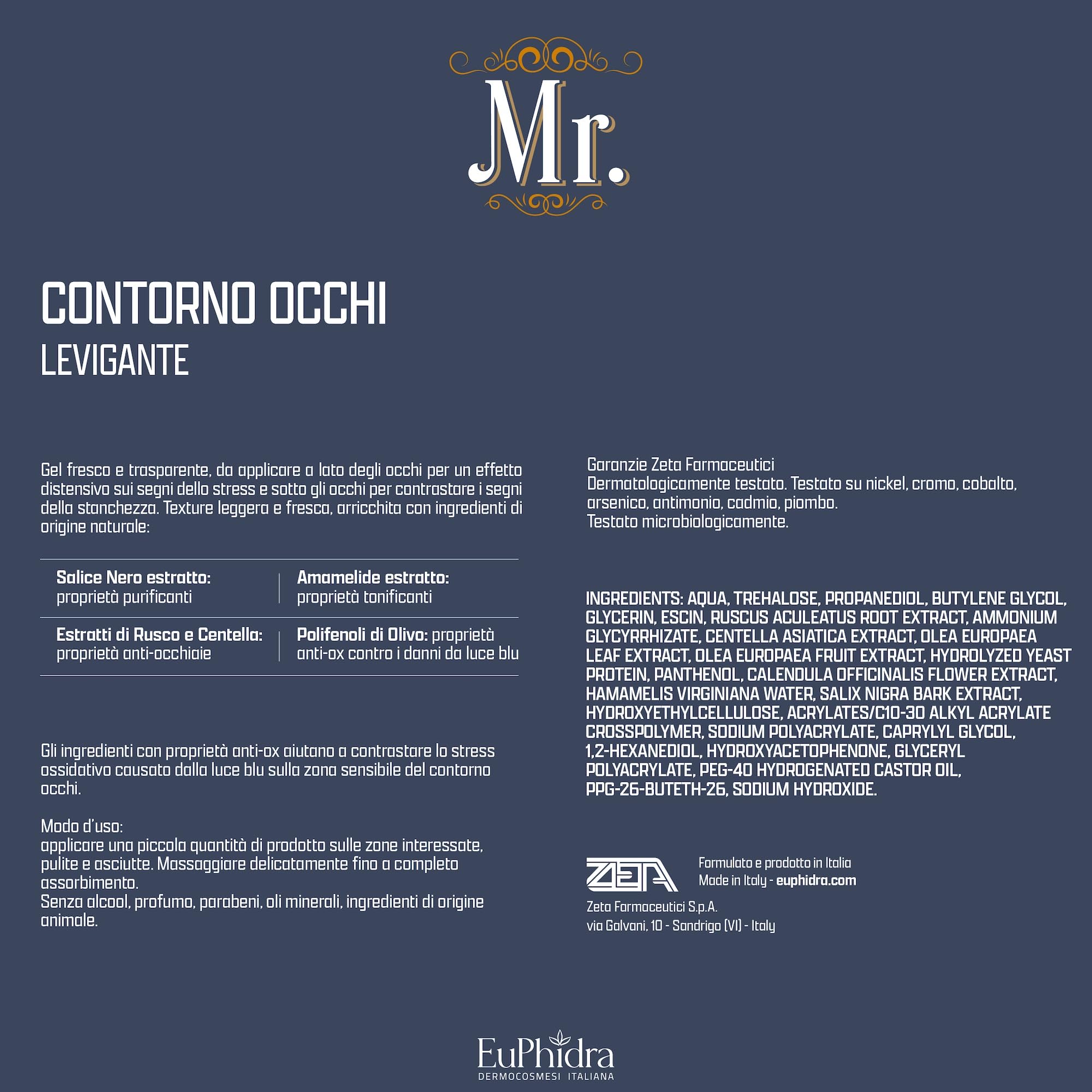 Euphidra Mr - Contorno Occhi Levigante ideale per l'uomo, Gel Fresco con Effetto Distensivo, Flacone Dispenser 30 ml, per Ridurre i Segni della Stanchezza