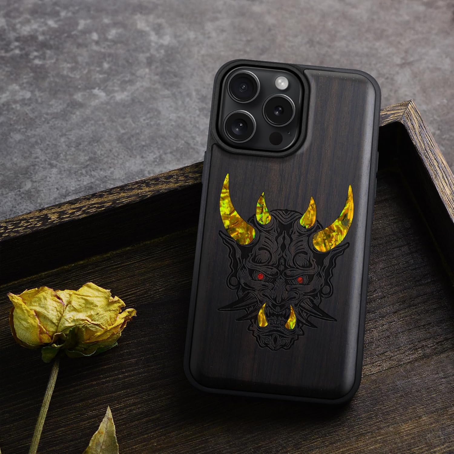 Carveit Magnetic Case for iPhone 16 Pro Max Case, Wood Artisan Engraved & Handmade Shell Inlaid, TPU Shockproof Cover, Compatible with MagSafe Wireless Chargers (Japanese Oni Mask) Blackwood