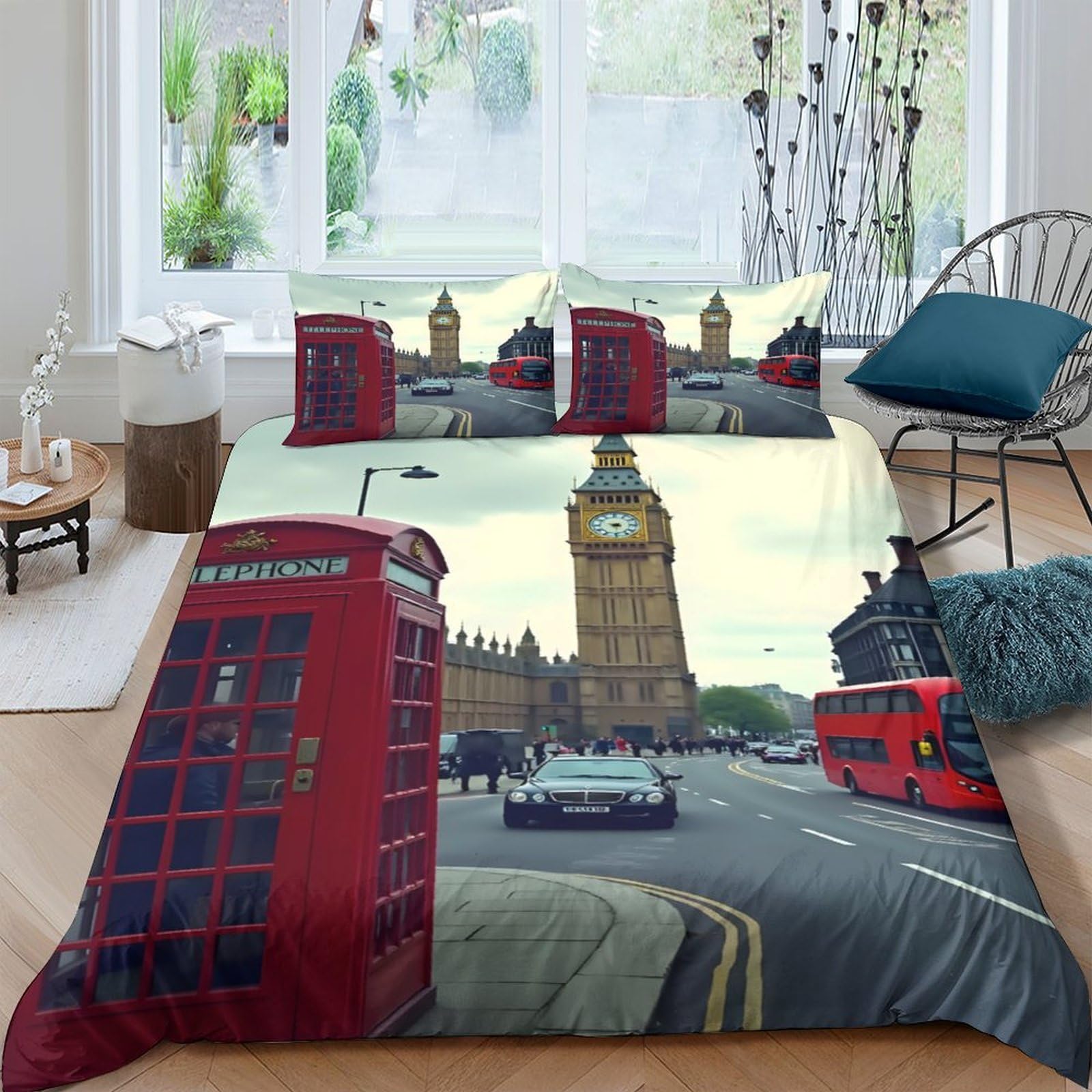 Ctjqhvkz Style-1 3D Printed London City Fitted Sheet Microfiber Soft Red Bus Telephone Box Bed Cover Decor For Bedroom Guest Room Single（135X200cm）