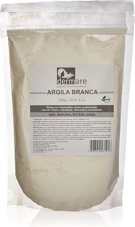 Dermare Argila Branca Clareadora 250g – Peles Sensíveis e Desidratadas | Uso Facial, Corporal e Capilar