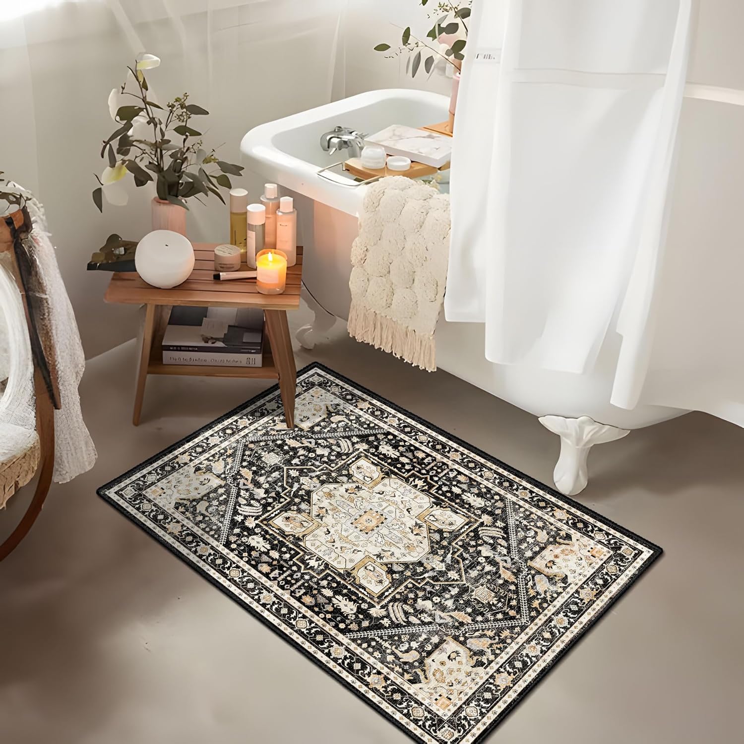 MUJOO Black Small Rug Washable,Boho Area Rugs for Bathroom Entryway Entry Entrance Bedroom,Front Door Mat Soft Carpet Indoor Vintage Black and Gold Floral 2'x3'