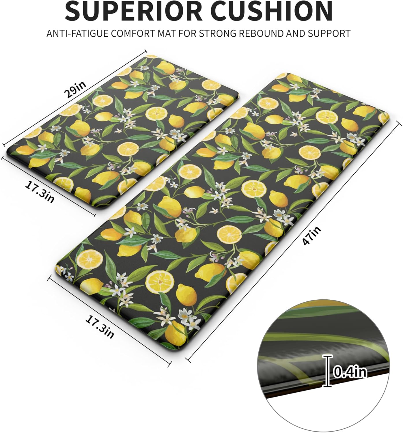 mayhmyo lemon kitchen mat set of 2 - anti fatigue mats for kitchen floor - non slip cushioned rugs for standing - lemon decor (17.3"×29"+17.3"×47"-0.4") black black lemon 17.3" x 29"+17.3" x 47"-0.4 inch