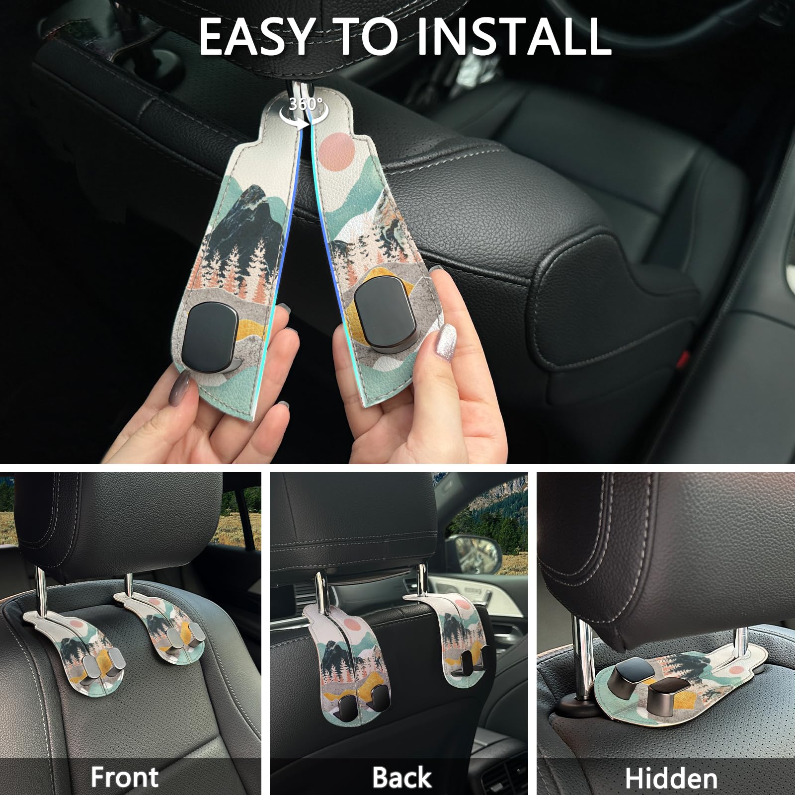 Blusabaca 2 ganchos de almacenamiento para reposacabezas de asiento de coche, soporte para bolso de coche, gancho doble de metal de piel sintética para organizador de asiento trasero, accesorios