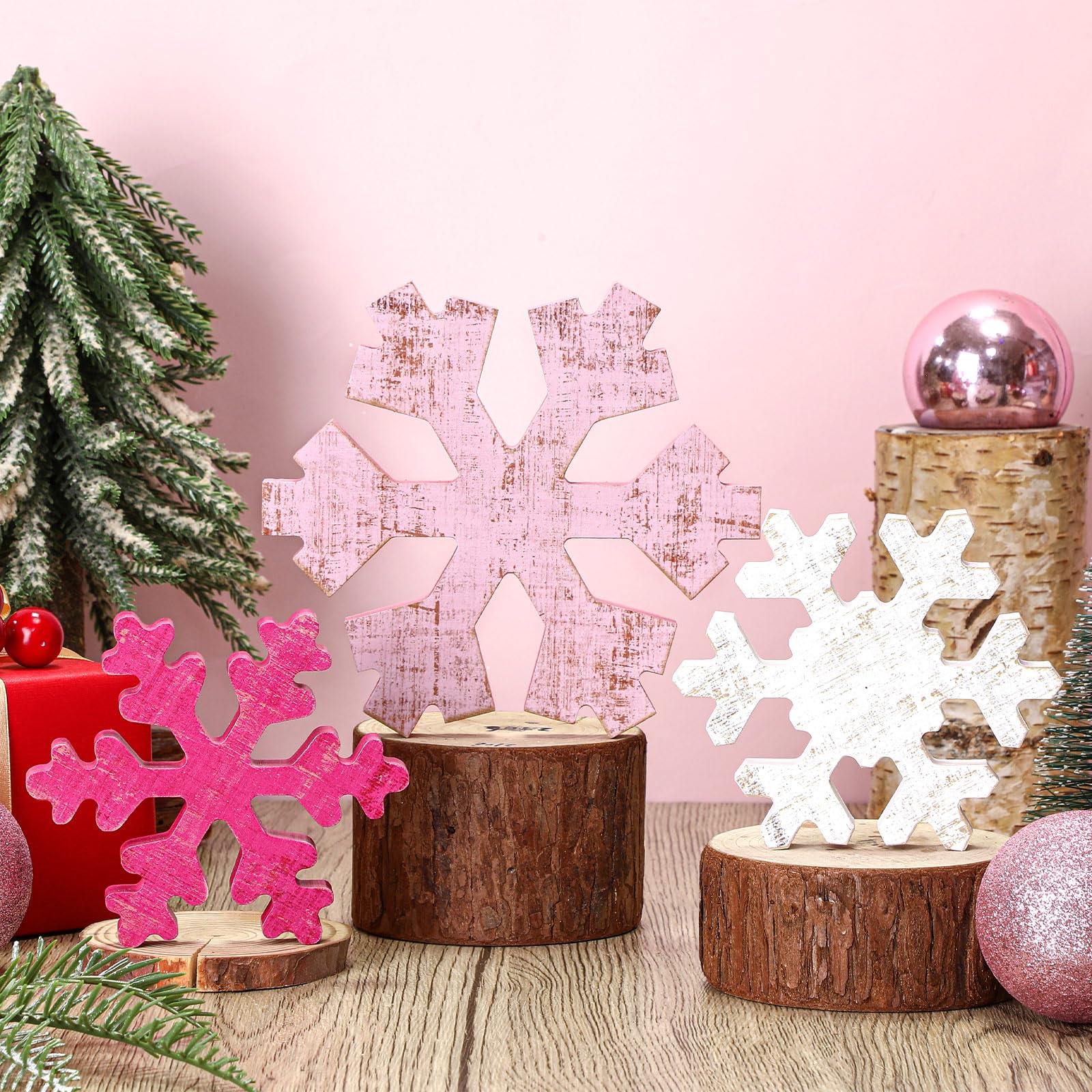 Bucherry 3 Pcs Wooden Christmas Snowflake, Pink, Rose Red, White, Antique