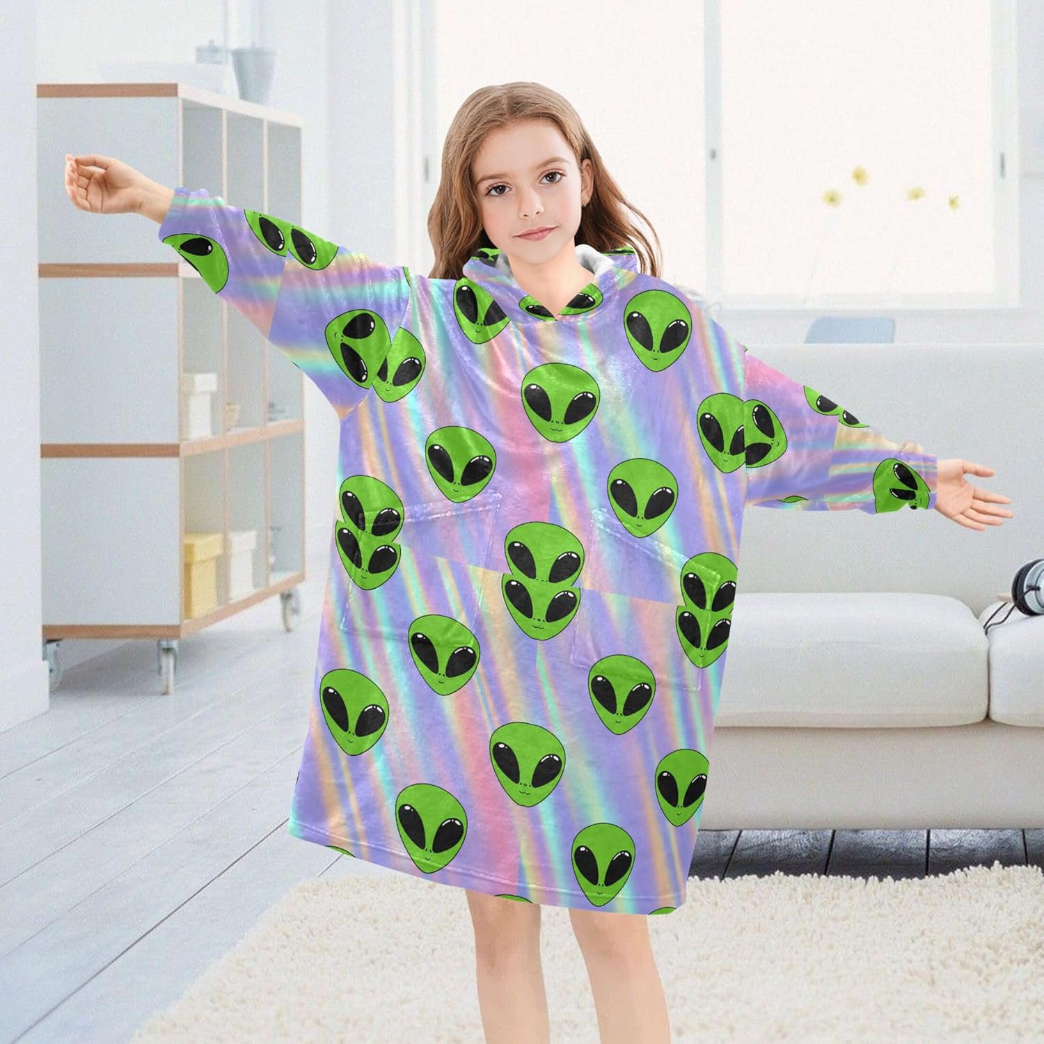 Cute Alien Ufo Kids Wearable Blanket Hoodie with Pocket and Sleeves for Toddlers, Cute Hoodies Girls Boys B0404022