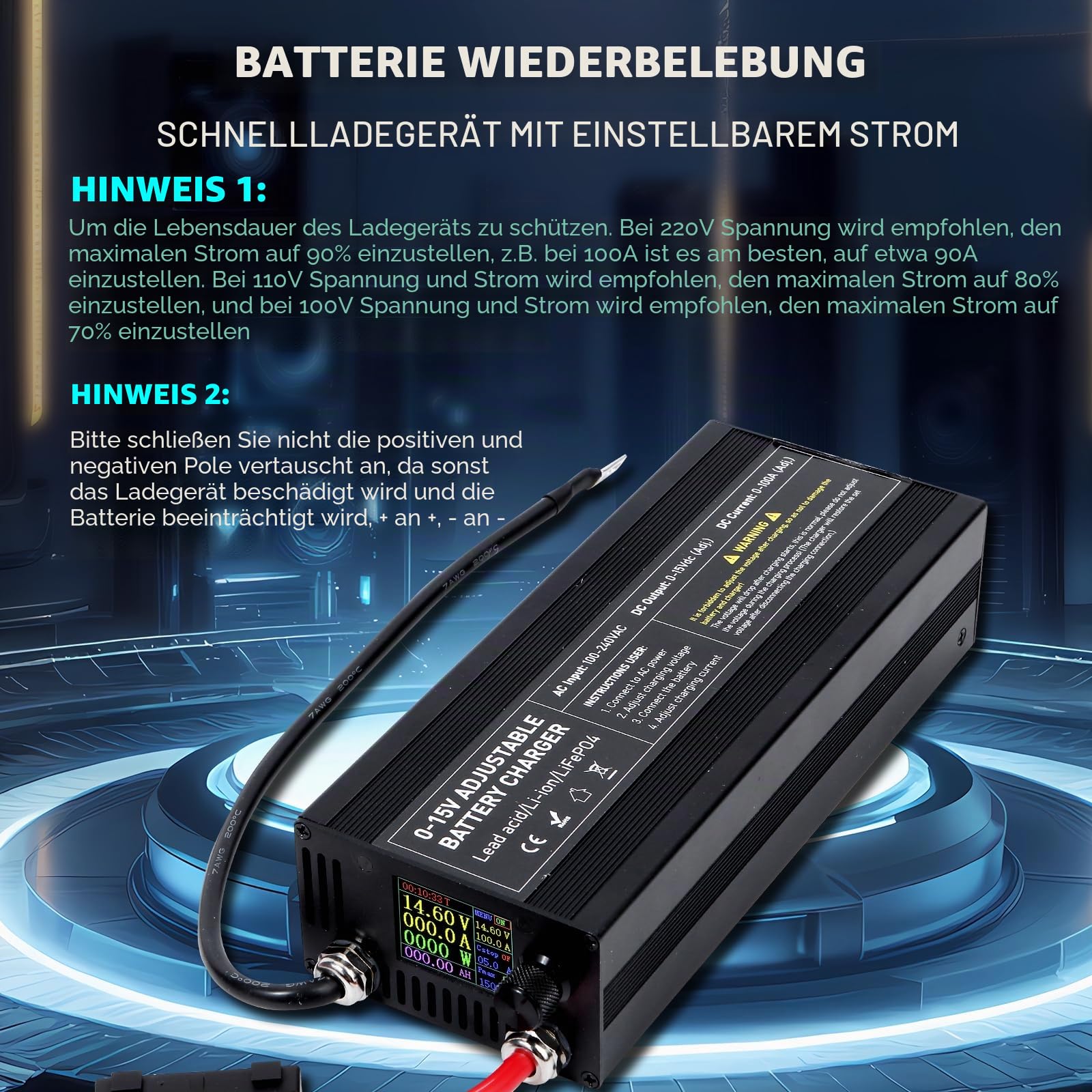 12V 100A LiFePO4 Batterie Ladegerät, Batterieladegerät 0-15V/0-100A Einstellbare,Ladegeräte für Autobatterien, Unterstützt Schnelles Laden für Motorrad LKW Rasenmäher Boot Marine Batterien
