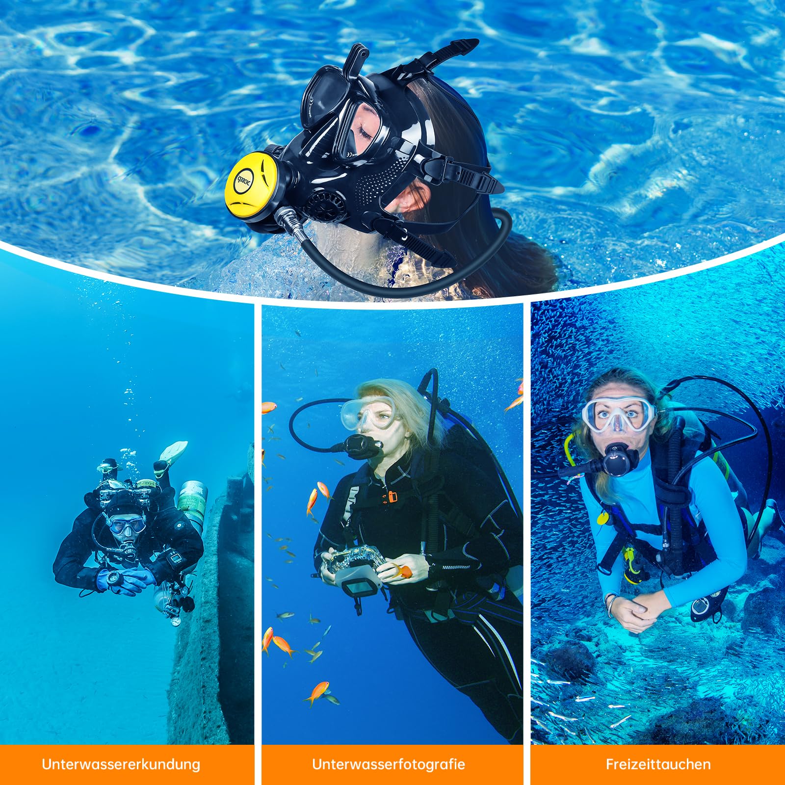 DIDEEP Vollgesichts-Tauchmaske, Schnorchelmaske verstellbar aus Silikon für Erwachsene, Scuba-Maske mit Kamerahalterung, 180°Panoramablick zum Tauchen und Schnorcheln